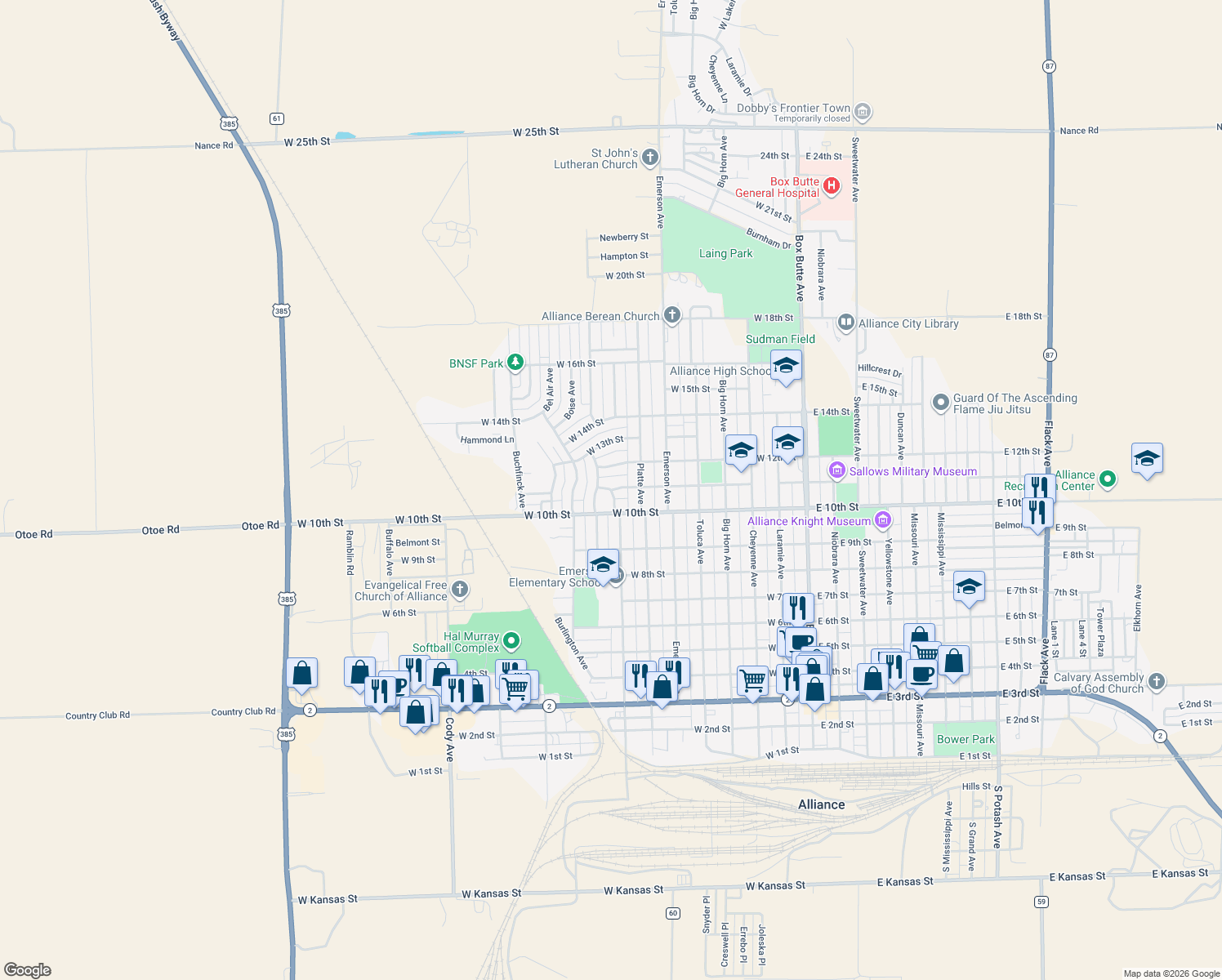 map of restaurants, bars, coffee shops, grocery stores, and more near 799 W 11th St in Alliance