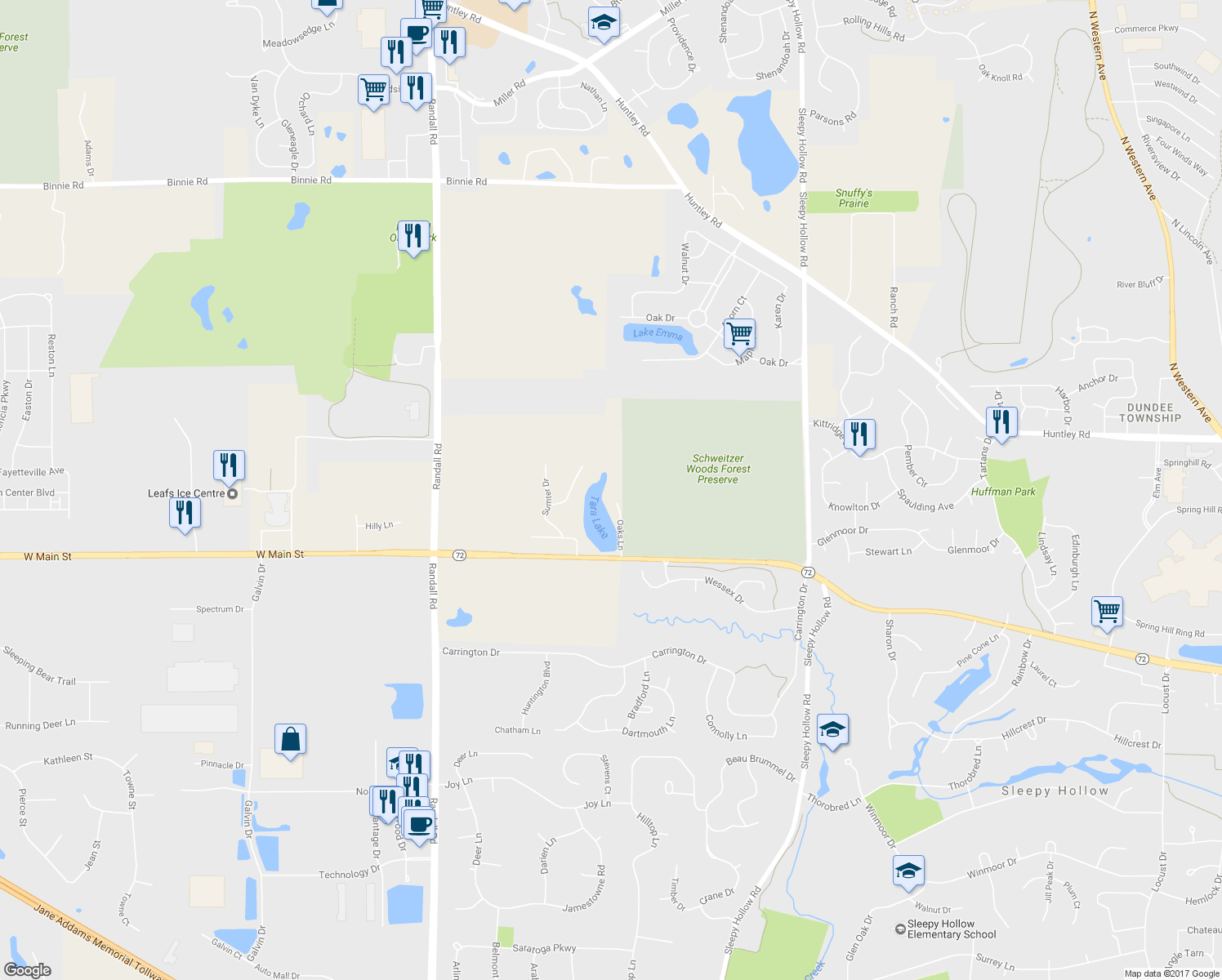 map of restaurants, bars, coffee shops, grocery stores, and more near 16N690 Oaks Lane in Kane County