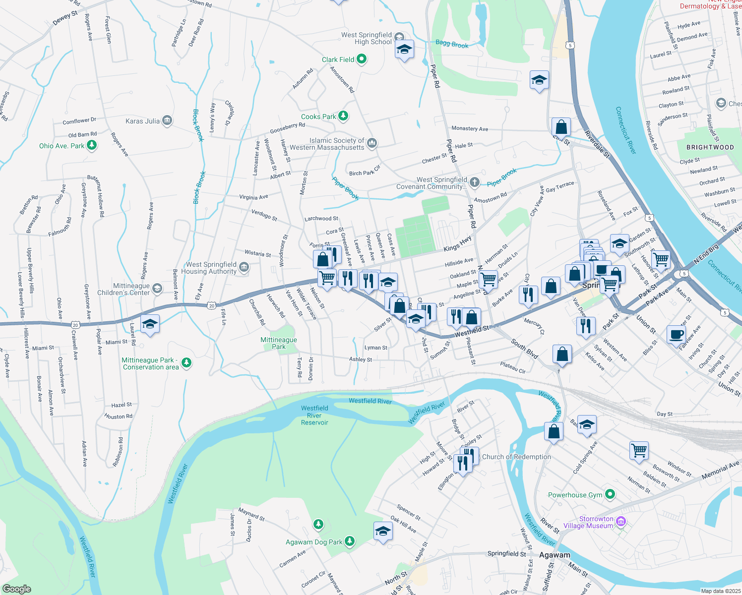 map of restaurants, bars, coffee shops, grocery stores, and more near 15 Thomas Drive in West Springfield