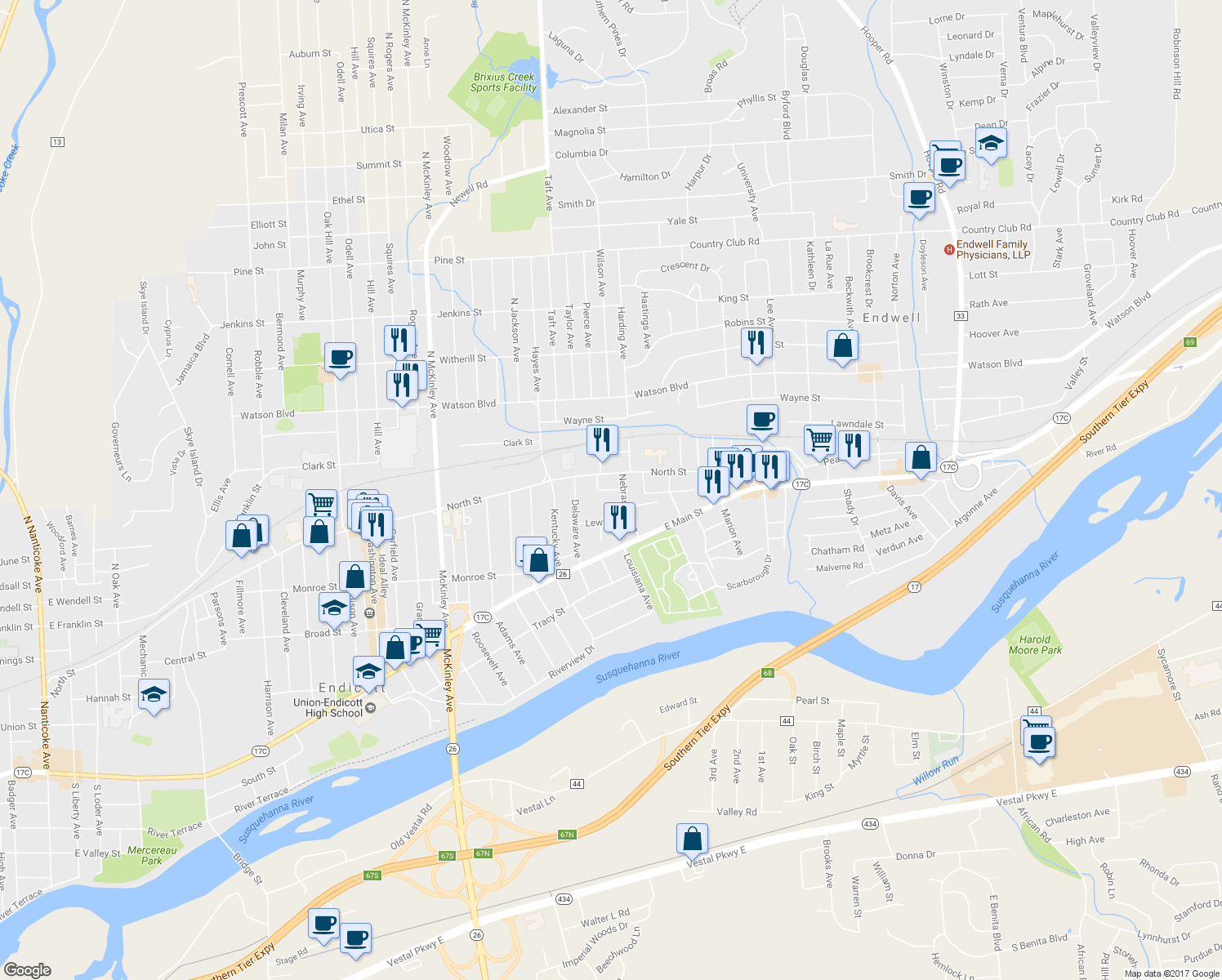 map of restaurants, bars, coffee shops, grocery stores, and more near 10 Highland Avenue in Endicott