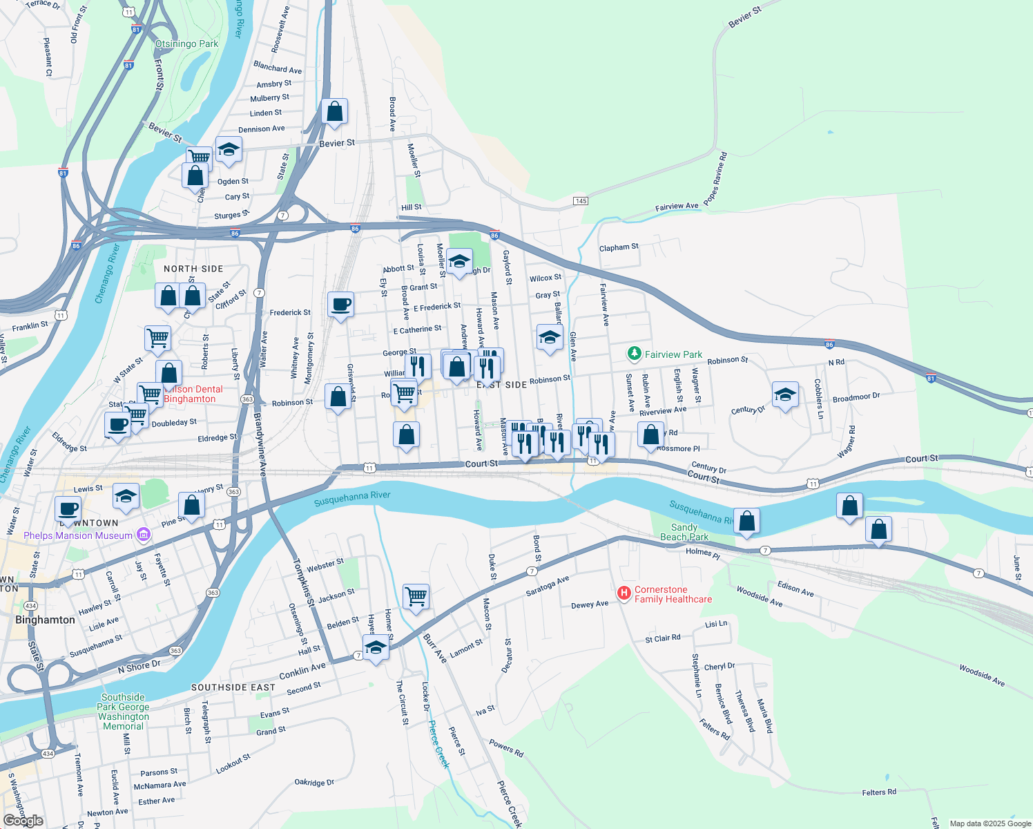 map of restaurants, bars, coffee shops, grocery stores, and more near 29 Gaylord Street in Binghamton