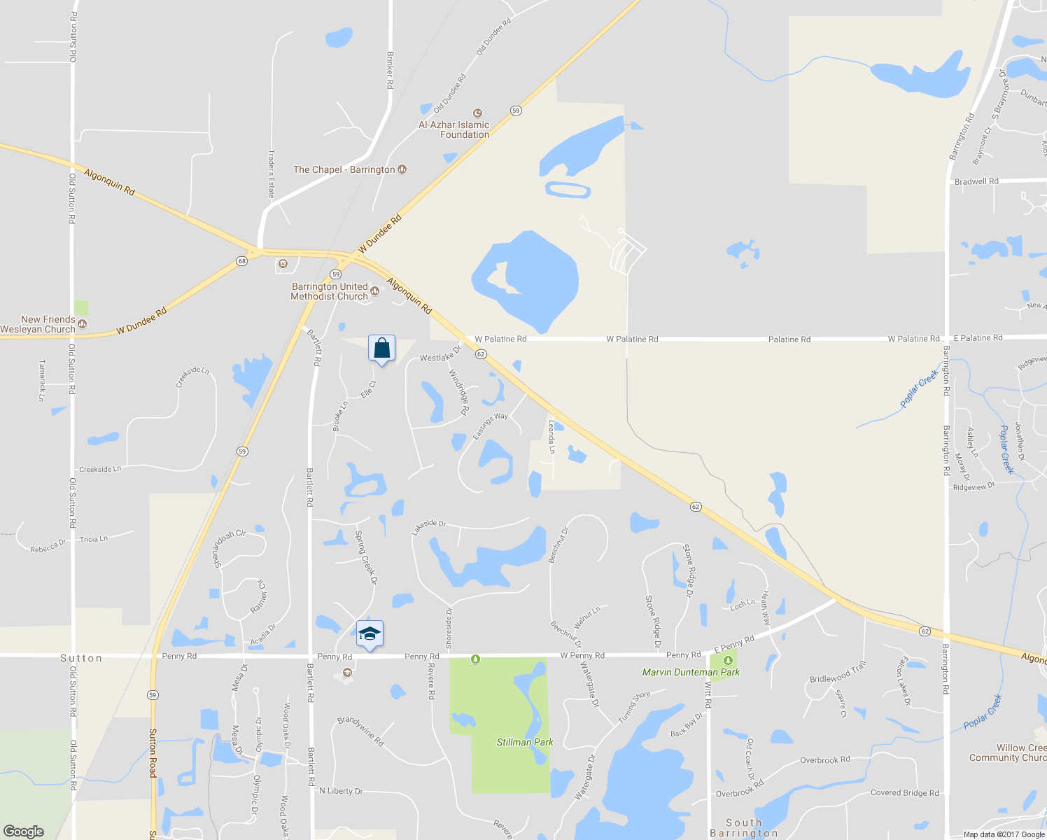 map of restaurants, bars, coffee shops, grocery stores, and more near 3 Eastings Way in South Barrington