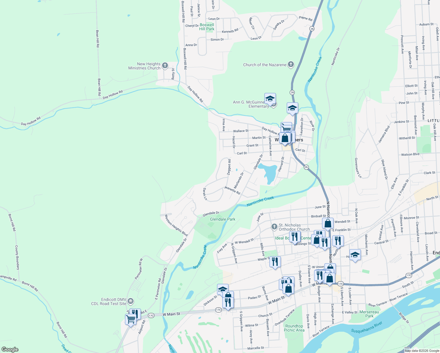 map of restaurants, bars, coffee shops, grocery stores, and more near 908 Sarah Ln in Endicott