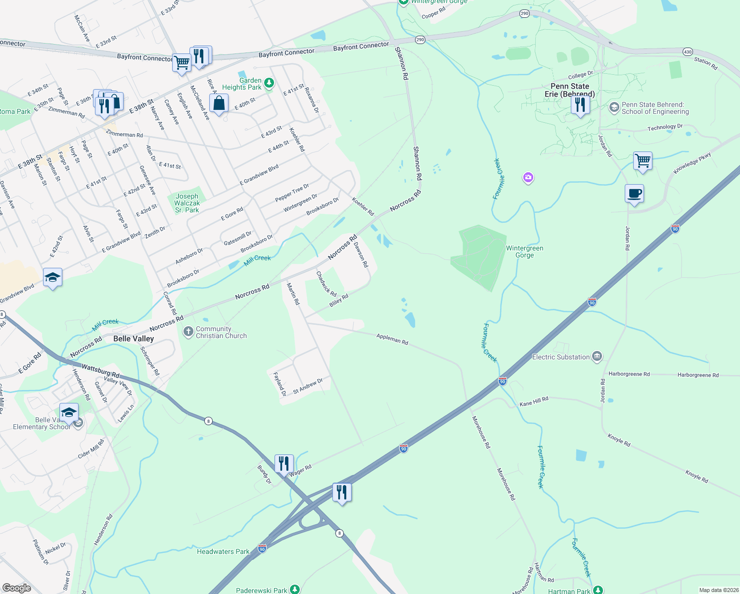 map of restaurants, bars, coffee shops, grocery stores, and more near 2475 Bliley Rd in Erie