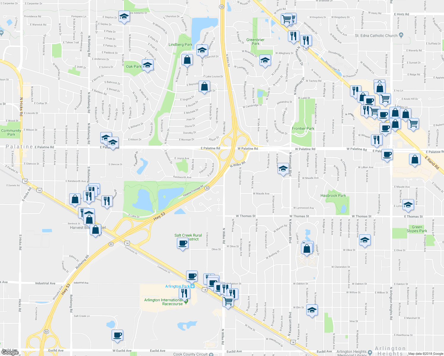 map of restaurants, bars, coffee shops, grocery stores, and more near 202 South Lancelot Lane in Palatine