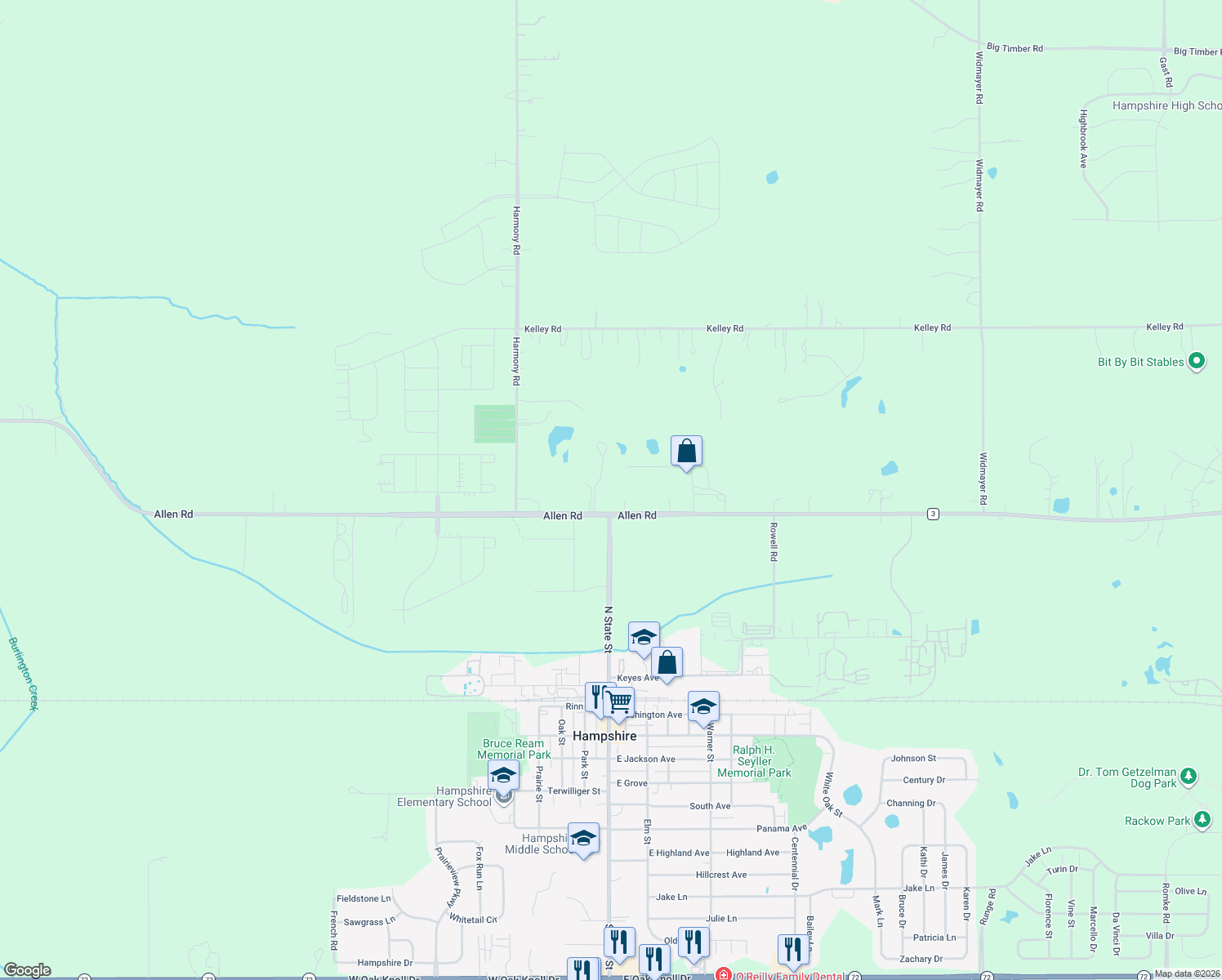 map of restaurants, bars, coffee shops, grocery stores, and more near 46W996 Allen Road in Hampshire