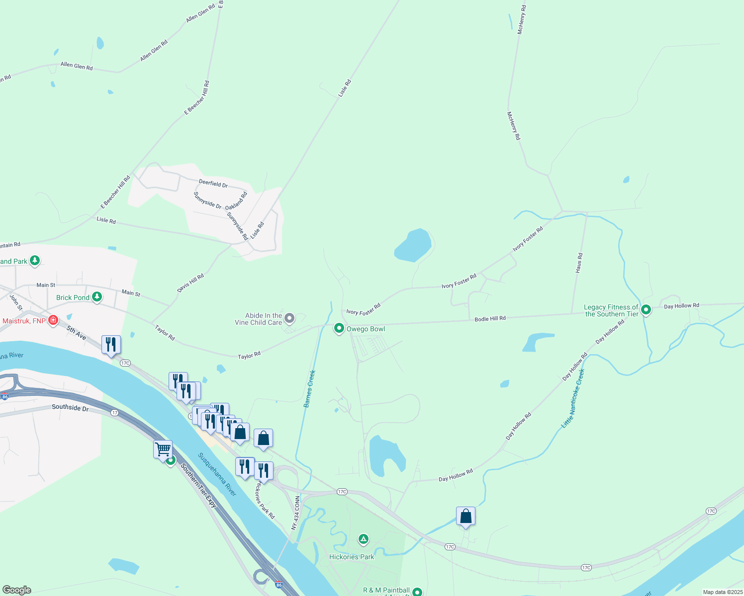 map of restaurants, bars, coffee shops, grocery stores, and more near 183 Ivory Foster Road in Owego