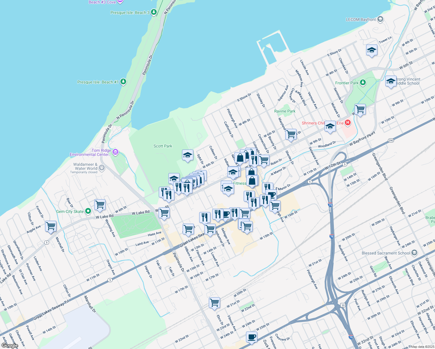 map of restaurants, bars, coffee shops, grocery stores, and more near 2535 S Tracy Dr in Erie