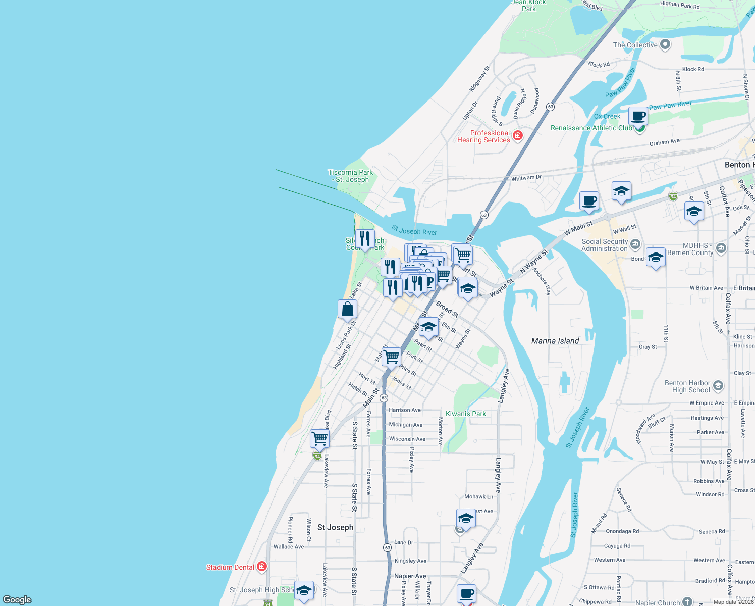 map of restaurants, bars, coffee shops, grocery stores, and more near 600 Vine Street in St. Joseph