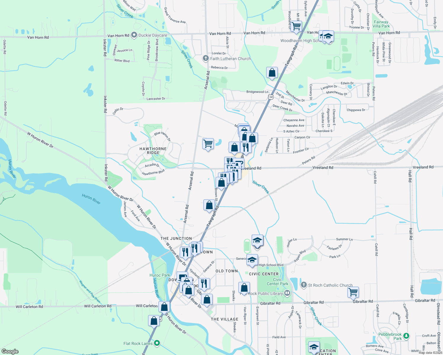 map of restaurants, bars, coffee shops, grocery stores, and more near 27110 Wager Street in Flat Rock