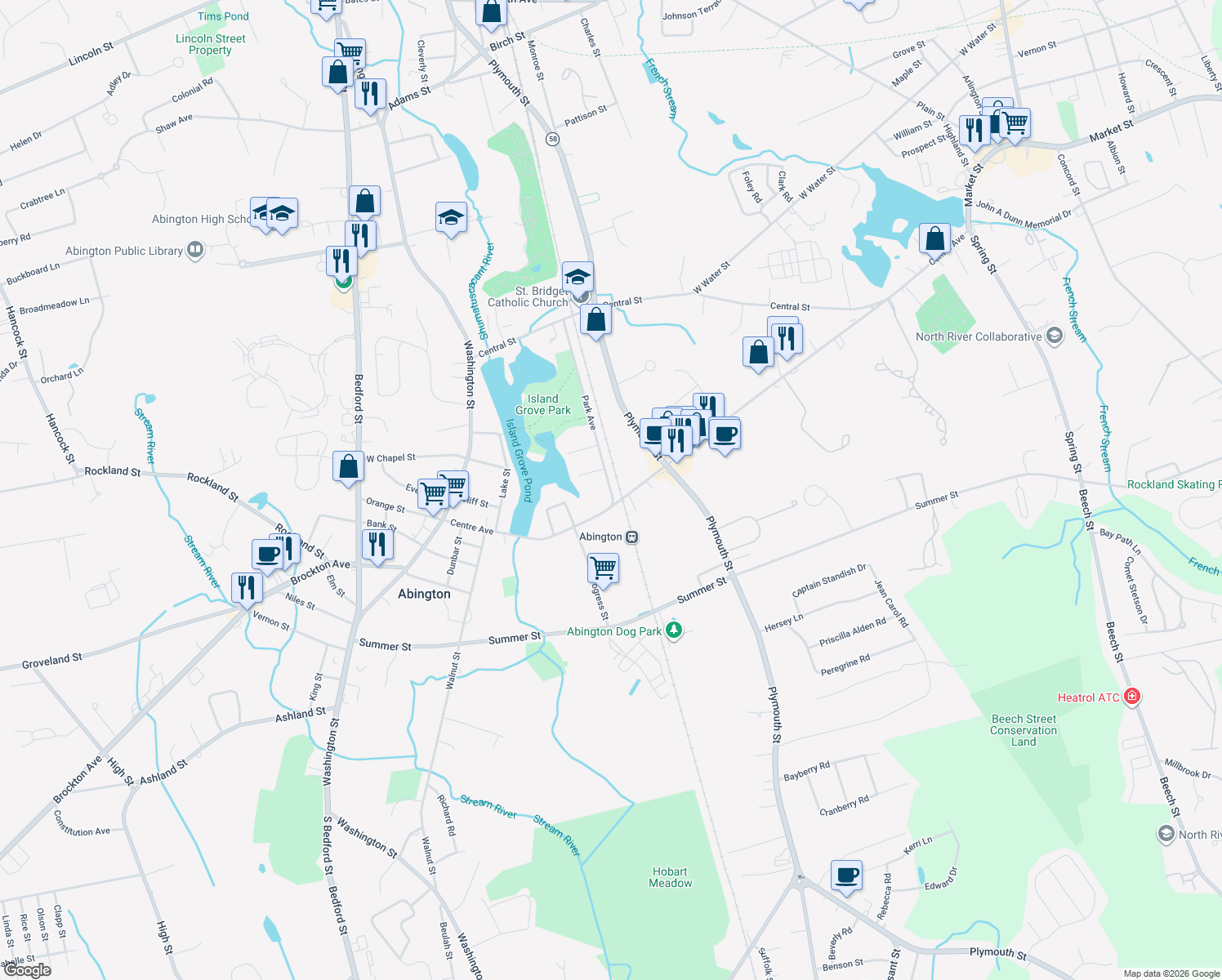 map of restaurants, bars, coffee shops, grocery stores, and more near 49 Park Avenue in Abington