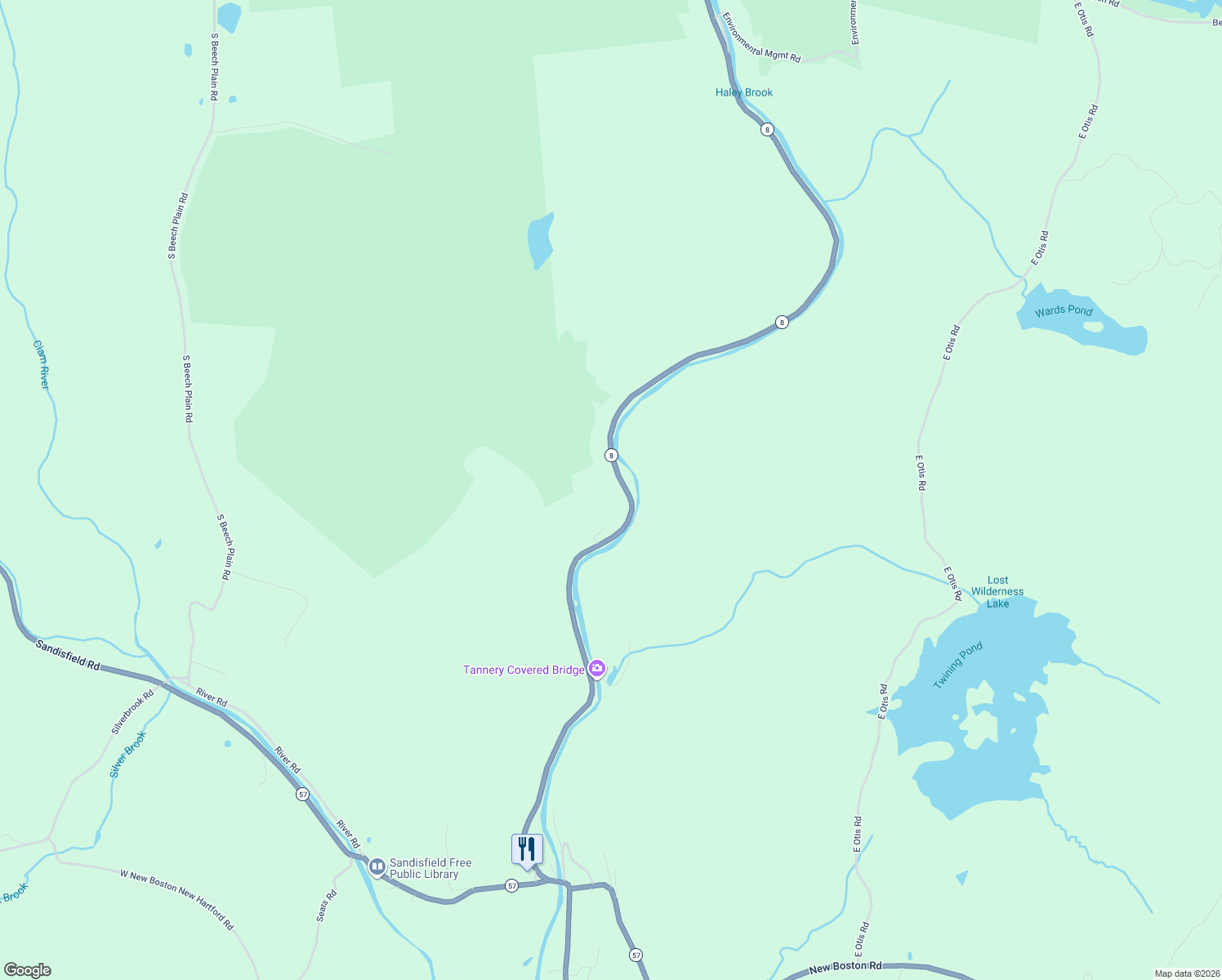 map of restaurants, bars, coffee shops, grocery stores, and more near 151 North Main Street in Sandisfield