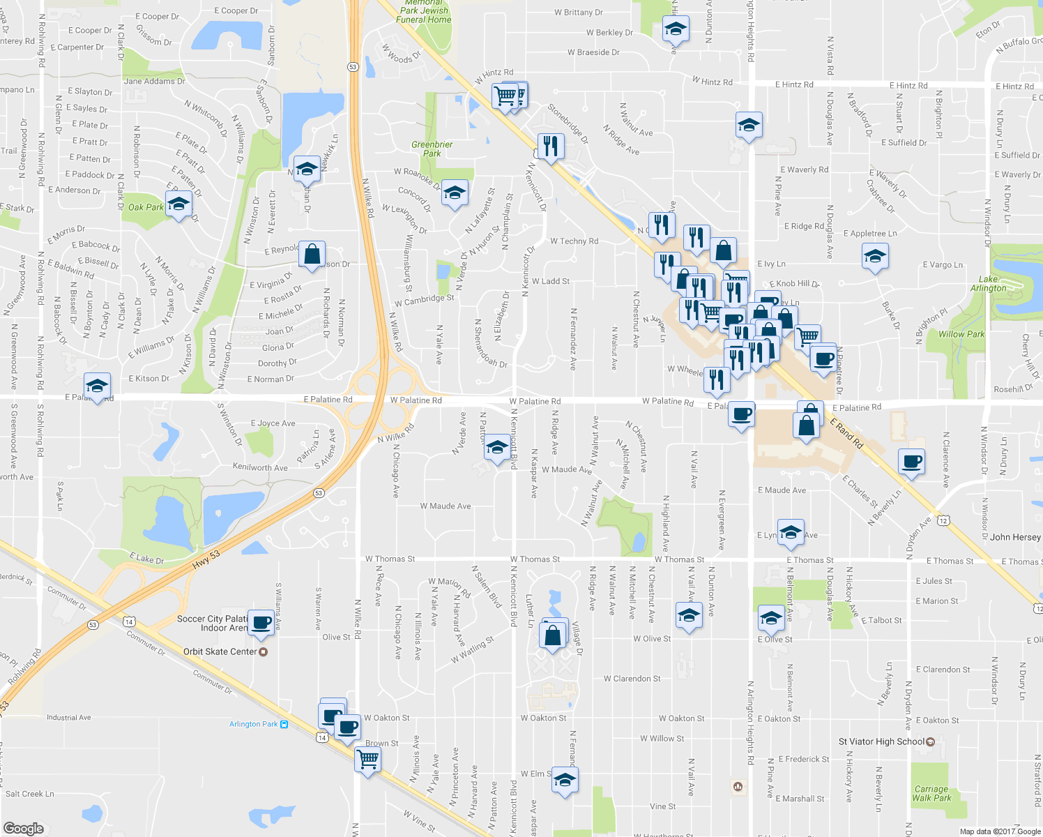 map of restaurants, bars, coffee shops, grocery stores, and more near 1833 North Kennicott Avenue in Arlington Heights