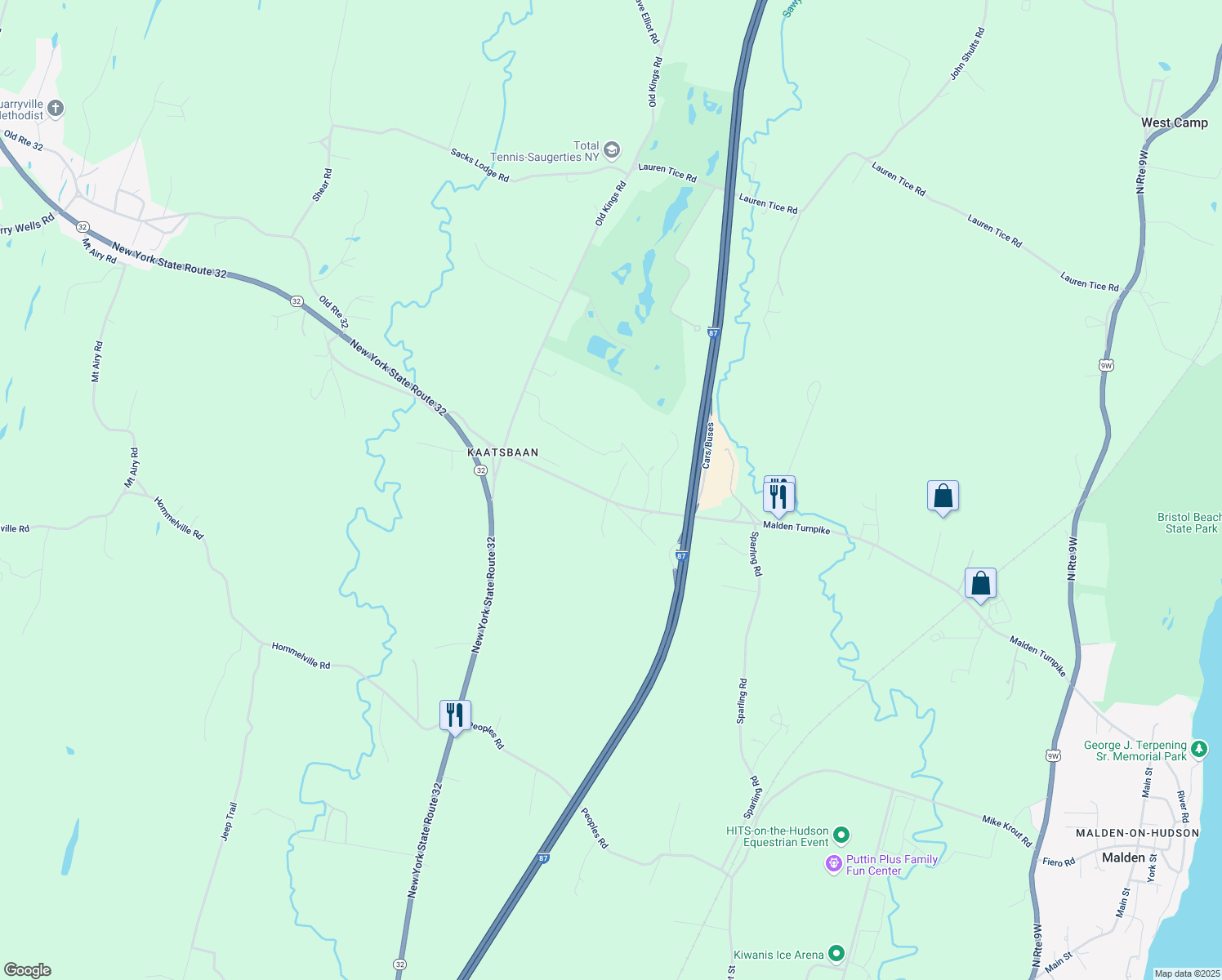 map of restaurants, bars, coffee shops, grocery stores, and more near 390 Malden Turnpike in Saugerties