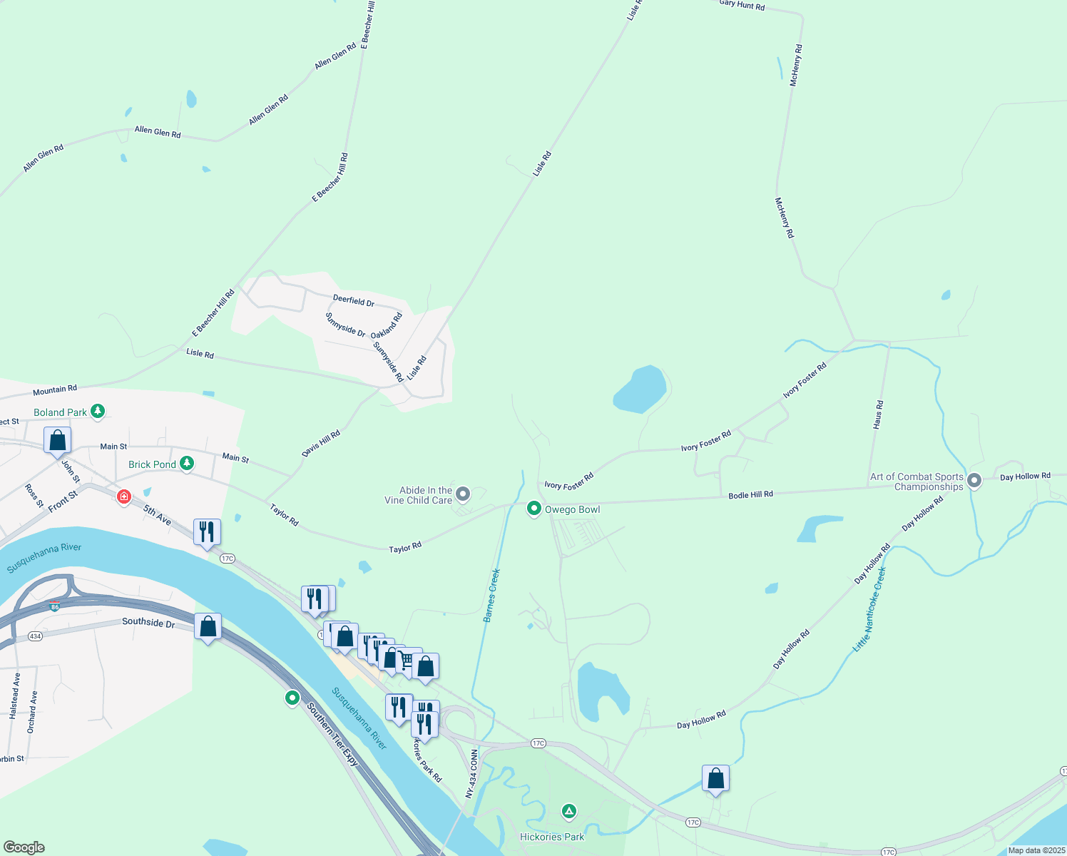 map of restaurants, bars, coffee shops, grocery stores, and more near 300 Barnes Creek Road in Owego
