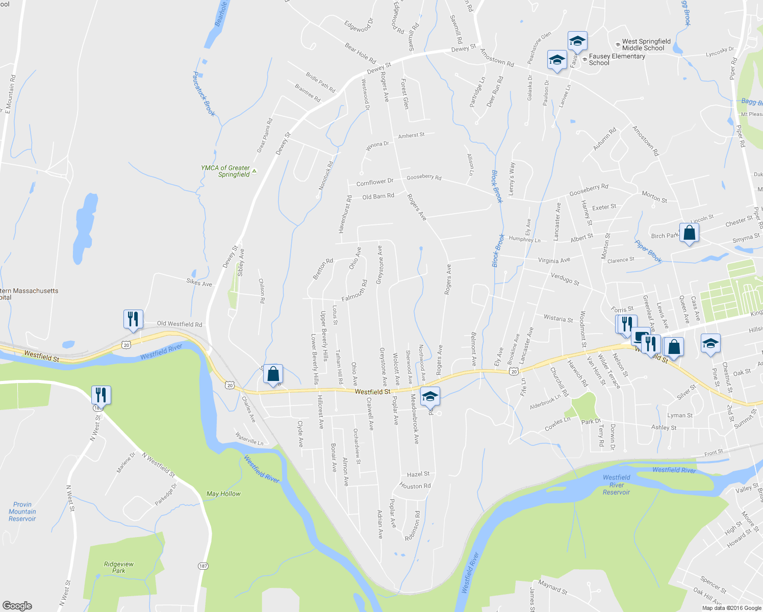 map of restaurants, bars, coffee shops, grocery stores, and more near 186 Greystone Avenue in West Springfield