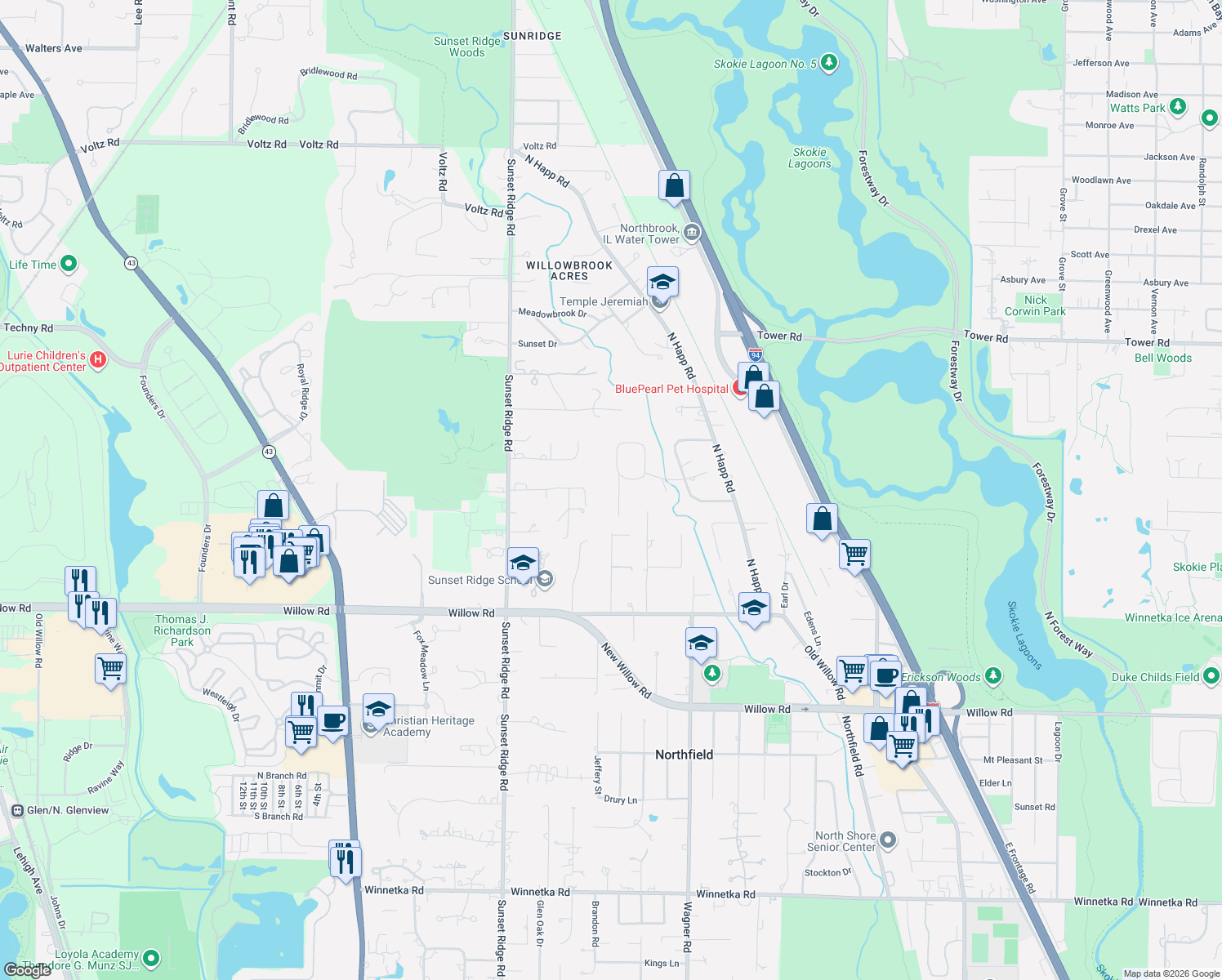 map of restaurants, bars, coffee shops, grocery stores, and more near 2113 Middlefork Road in Northfield