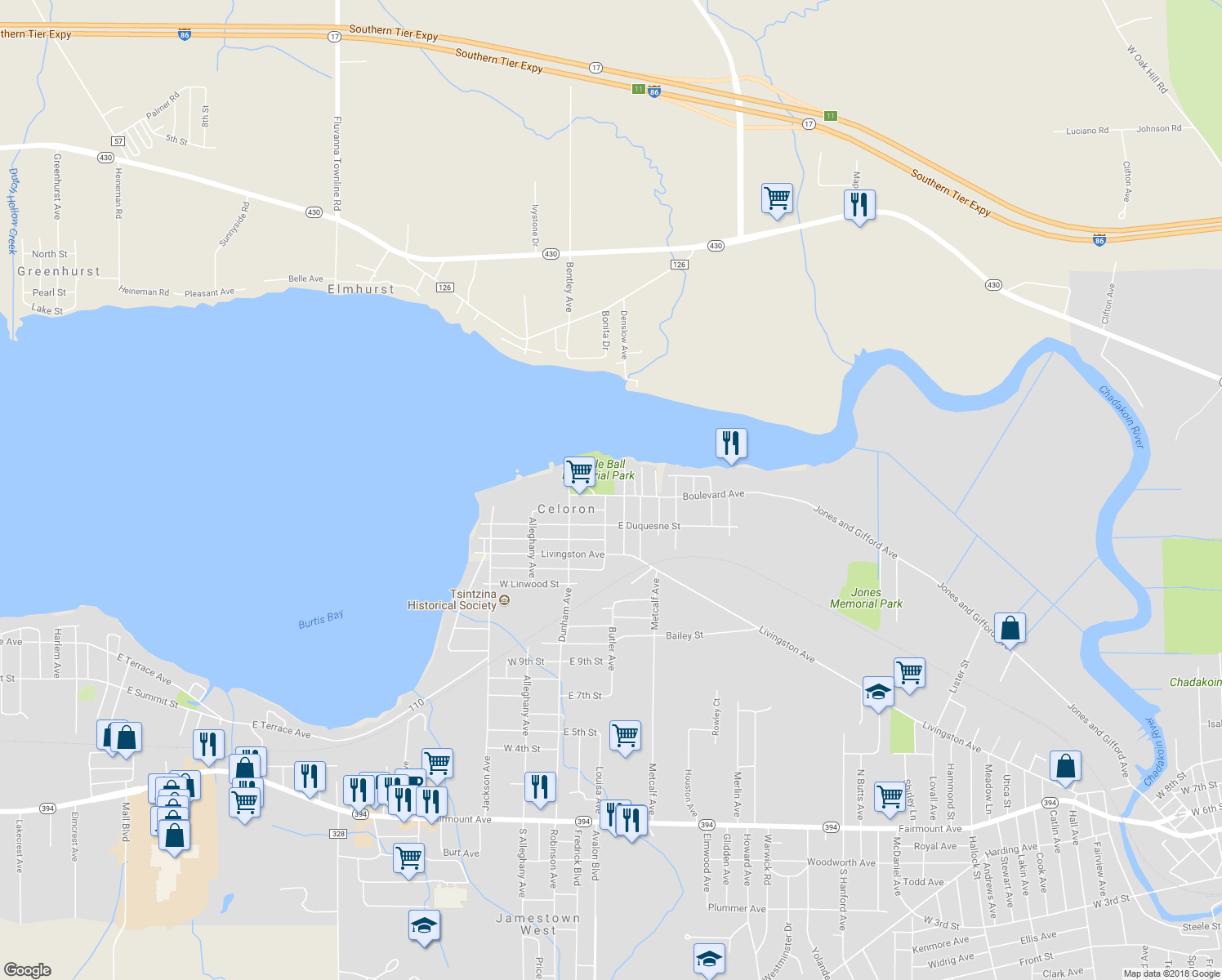 map of restaurants, bars, coffee shops, grocery stores, and more near 48 Boulevard Avenue in Jamestown