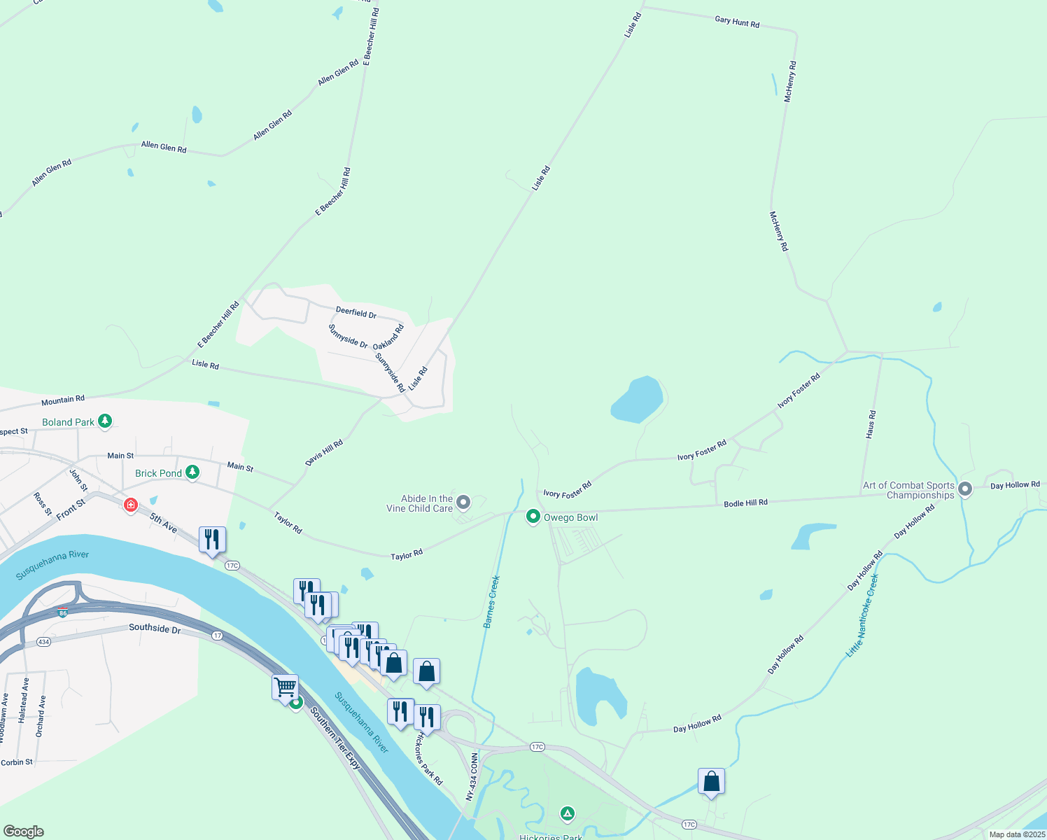 map of restaurants, bars, coffee shops, grocery stores, and more near 300 Barnes Creek Road in Owego