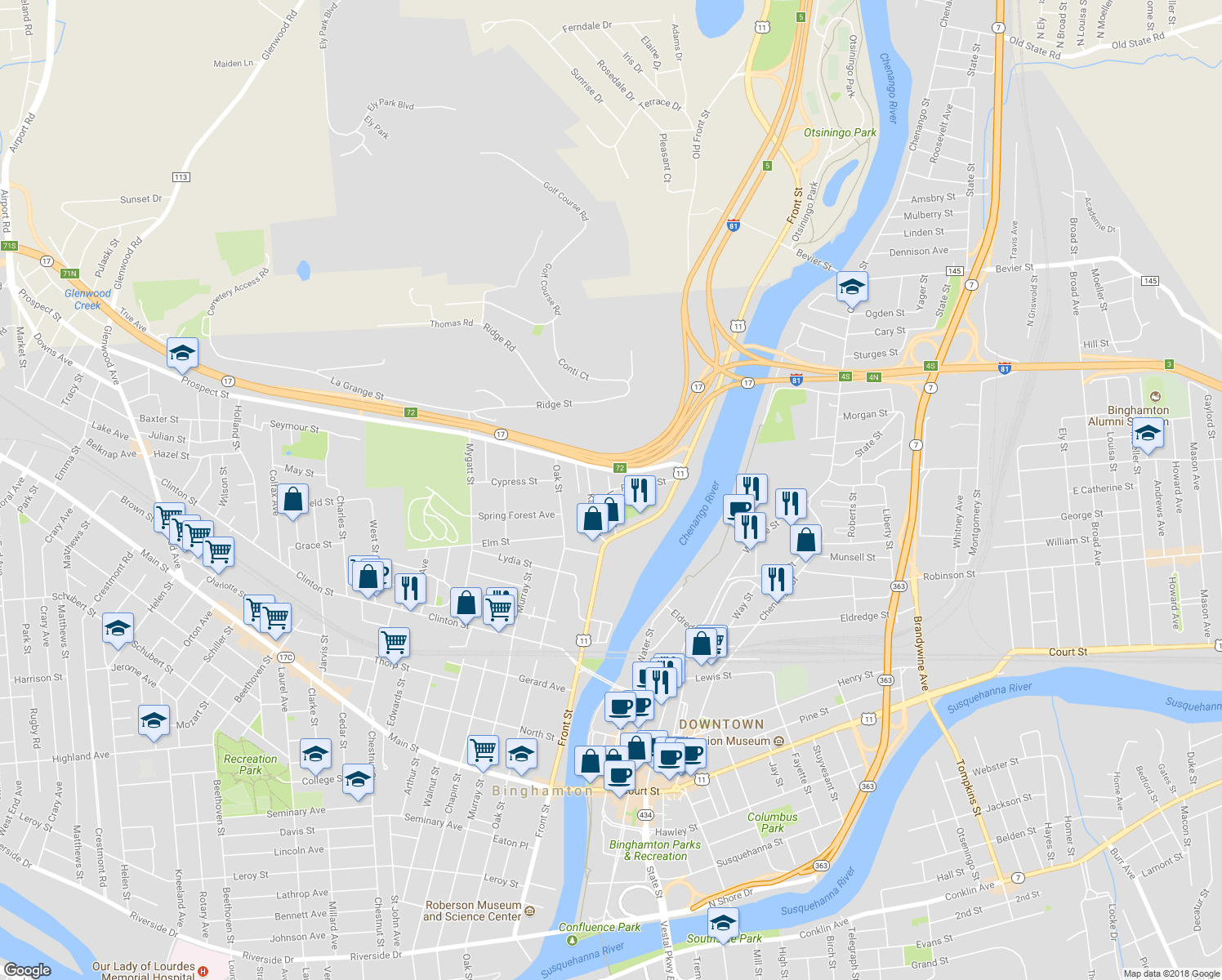 map of restaurants, bars, coffee shops, grocery stores, and more near 127 Franklin Street in Binghamton