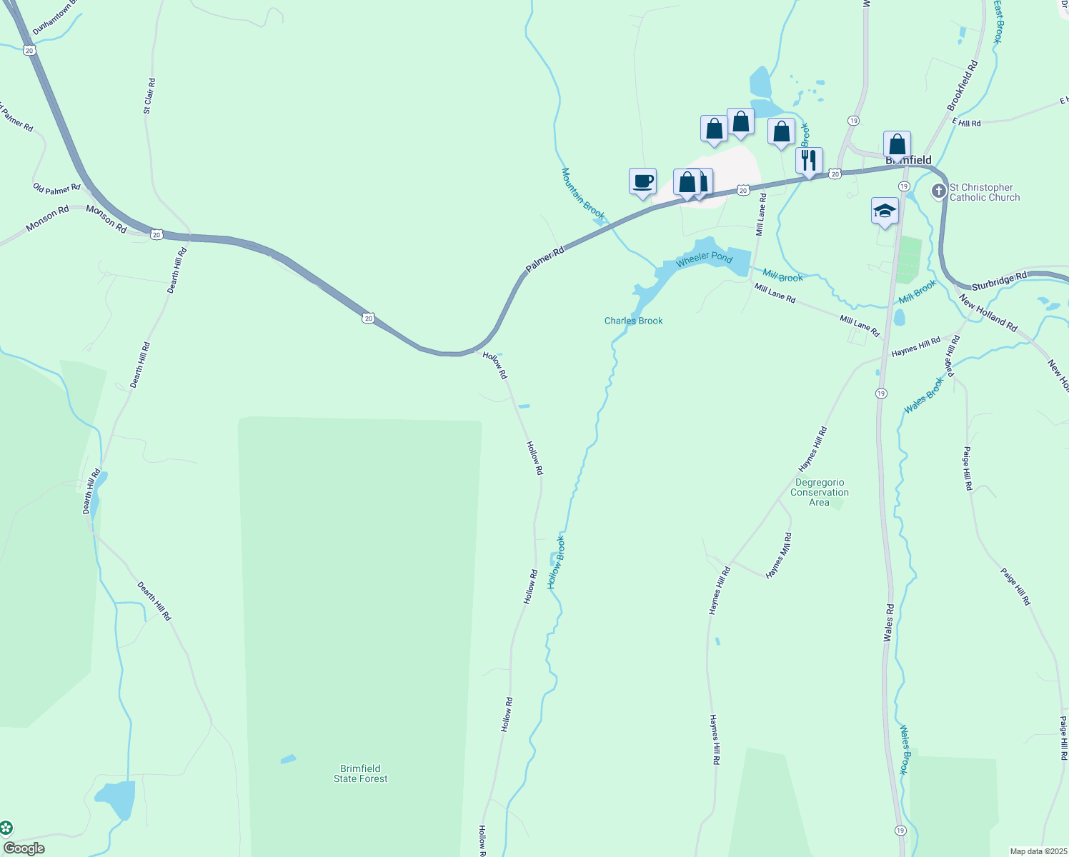 map of restaurants, bars, coffee shops, grocery stores, and more near 33 Hollow Road in Brimfield