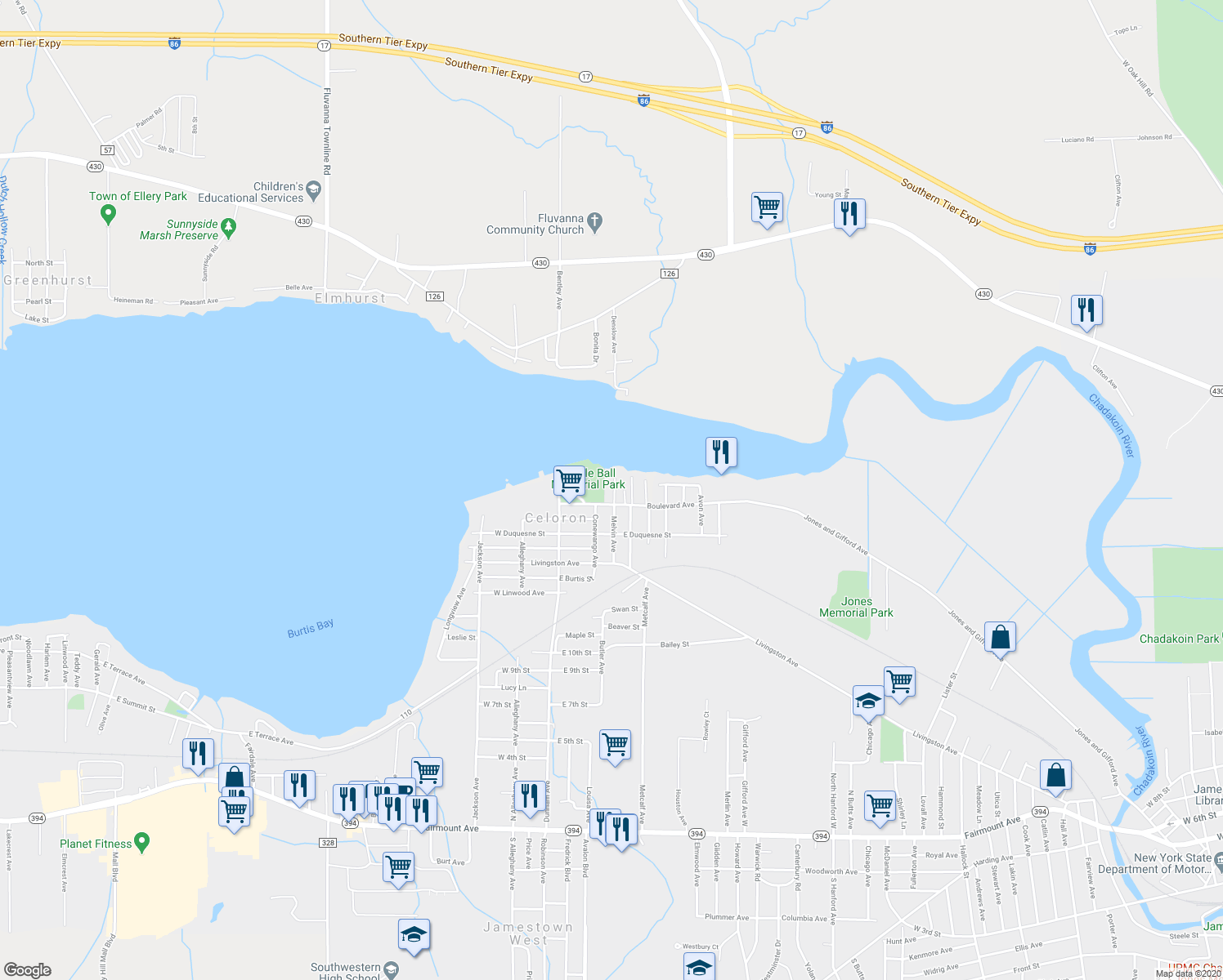 map of restaurants, bars, coffee shops, grocery stores, and more near 10 Venice Street in Jamestown