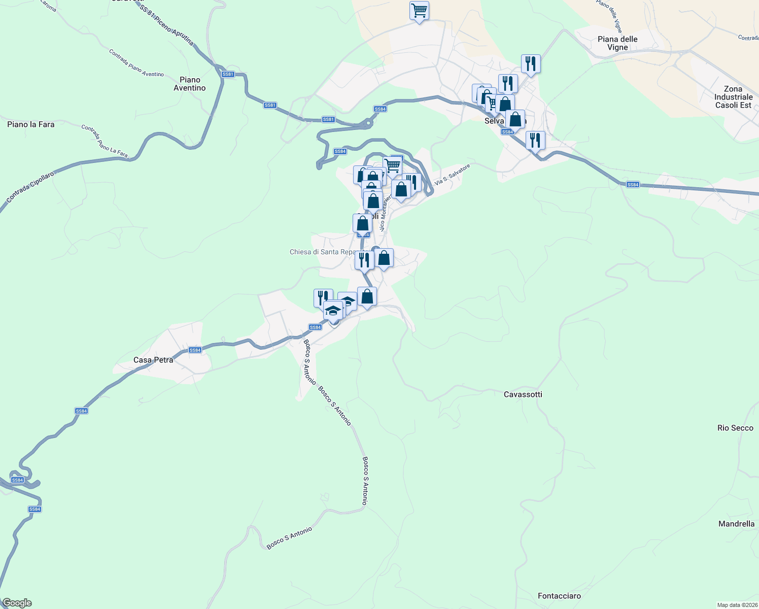 map of restaurants, bars, coffee shops, grocery stores, and more near 6 Via Cavassutti in Casoli
