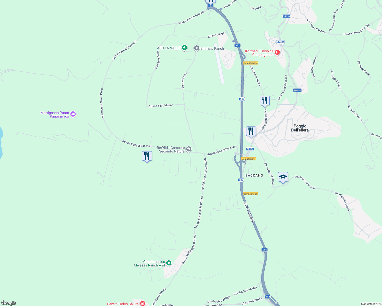 map of restaurants, bars, coffee shops, grocery stores, and more near 5b Strada Valle di Baccano in Città metropolitana di Roma Capitale