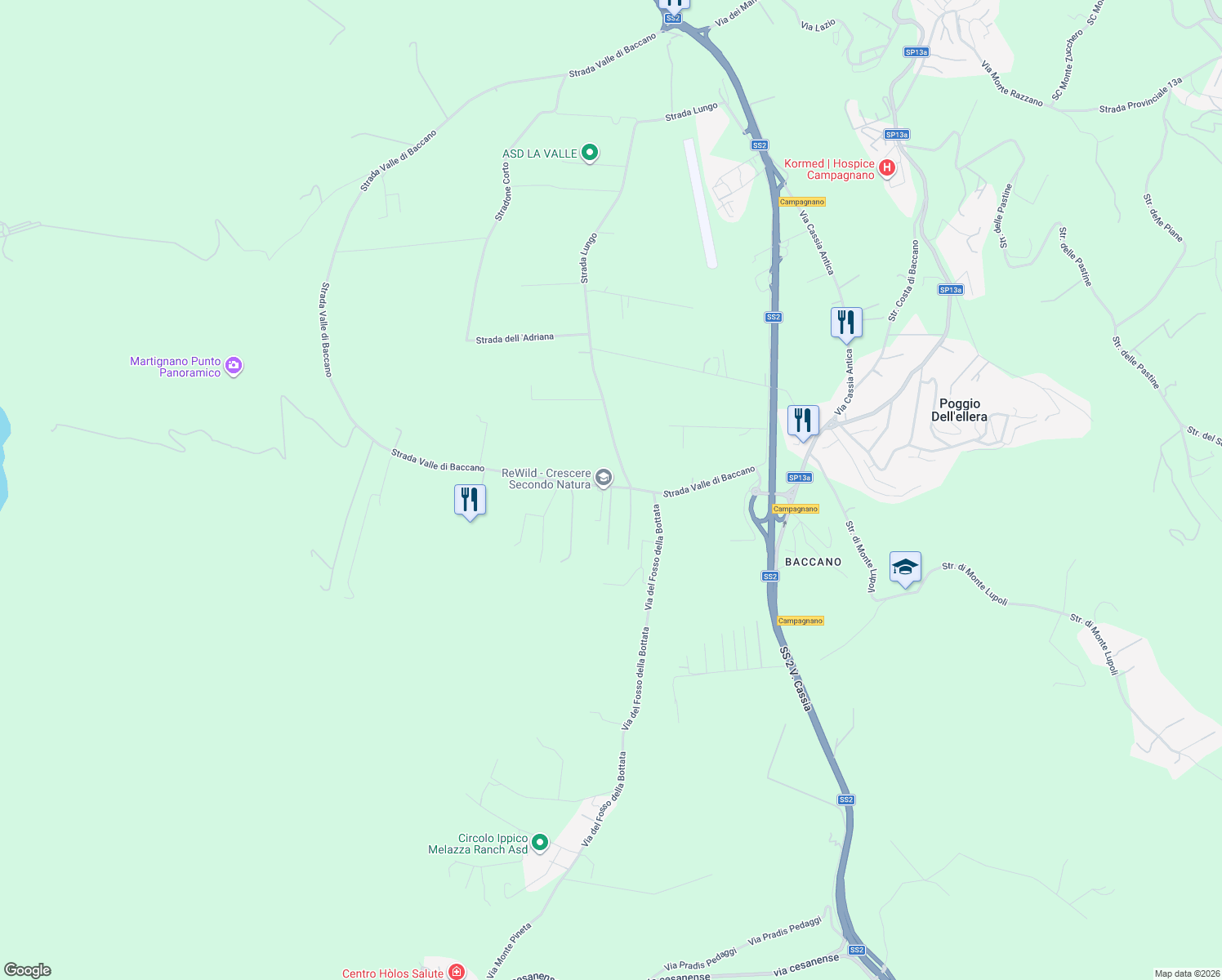 map of restaurants, bars, coffee shops, grocery stores, and more near 5b Strada Valle di Baccano in Città metropolitana di Roma Capitale
