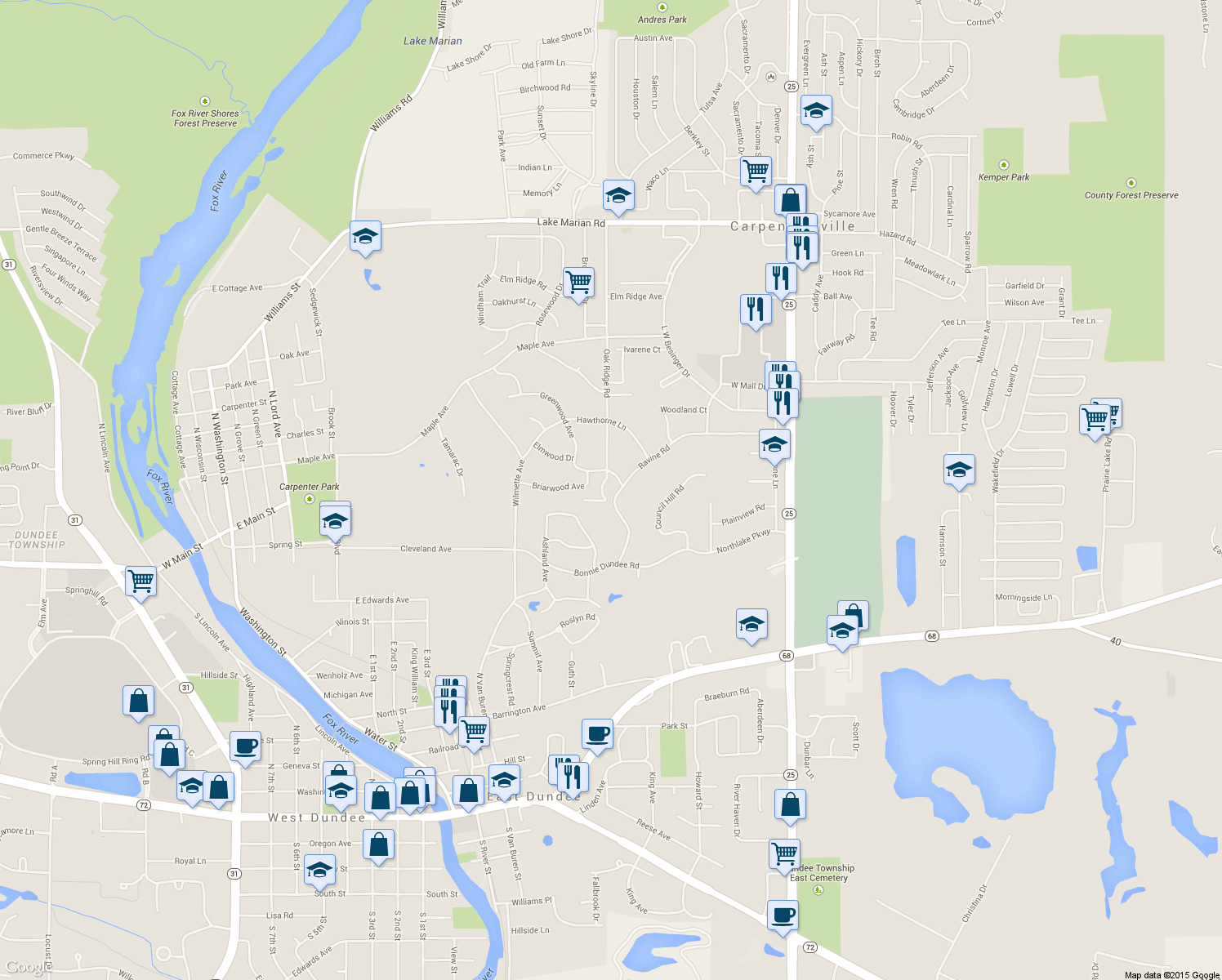 map of restaurants, bars, coffee shops, grocery stores, and more near 631 Ravine Road in East Dundee