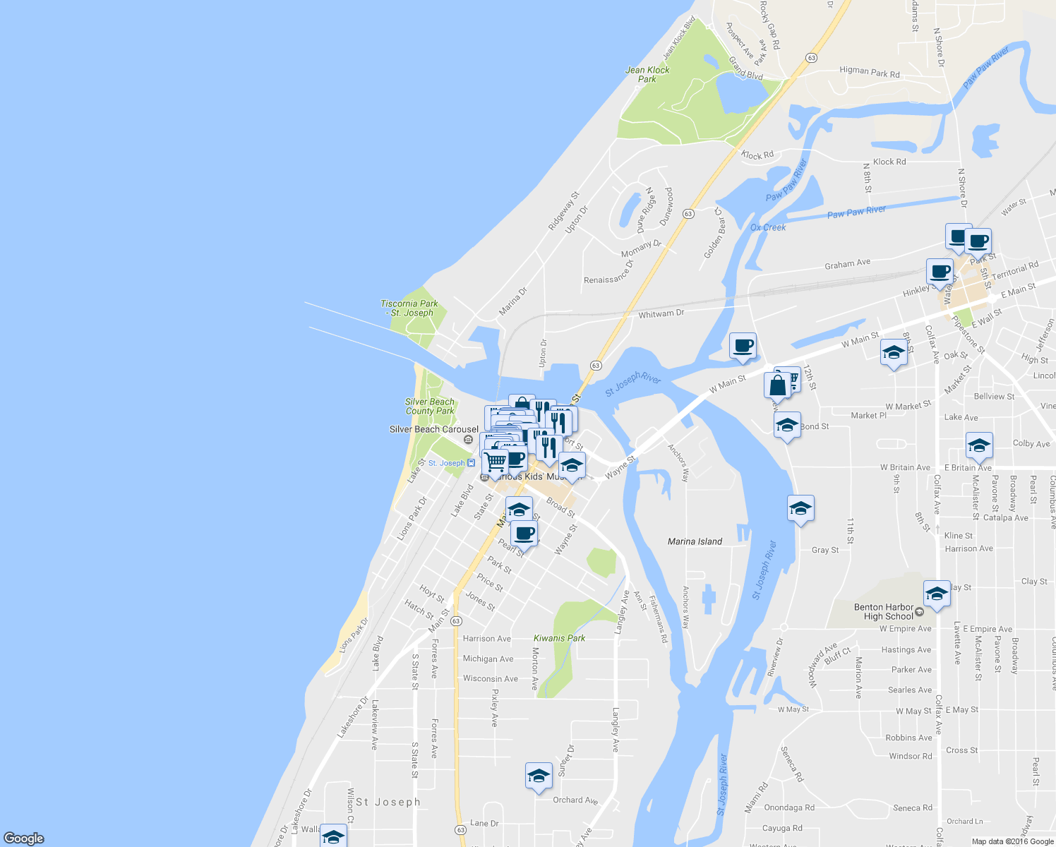 map of restaurants, bars, coffee shops, grocery stores, and more near 100 State Street in St. Joseph