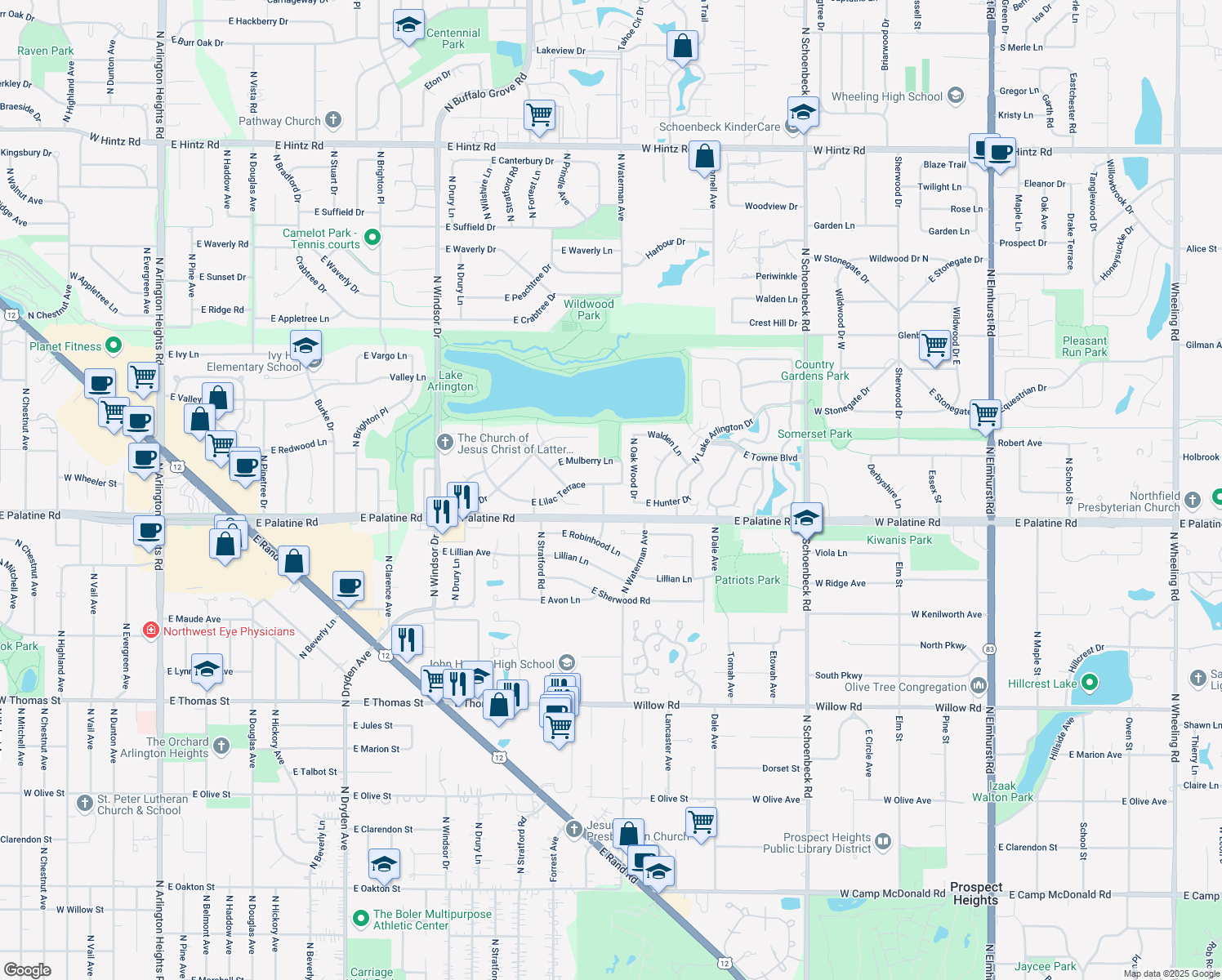 map of restaurants, bars, coffee shops, grocery stores, and more near 1929 North Birchwood Lane in Arlington Heights