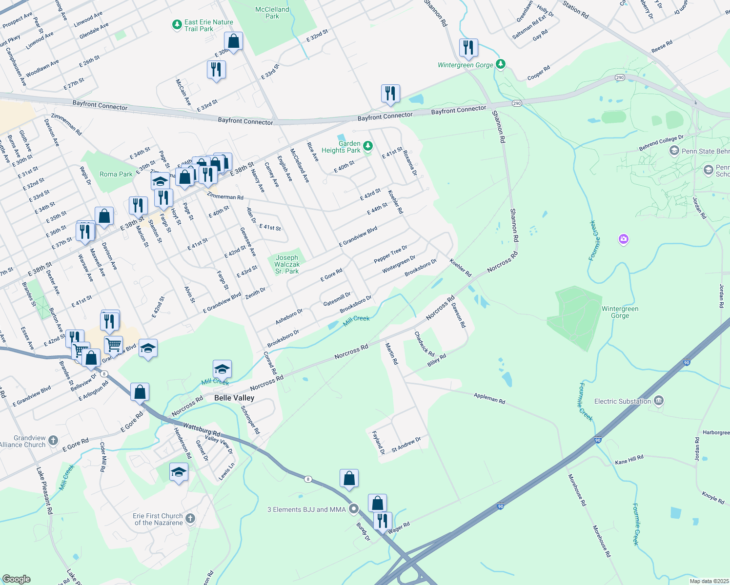 map of restaurants, bars, coffee shops, grocery stores, and more near 4918 Mcclelland Avenue in Erie