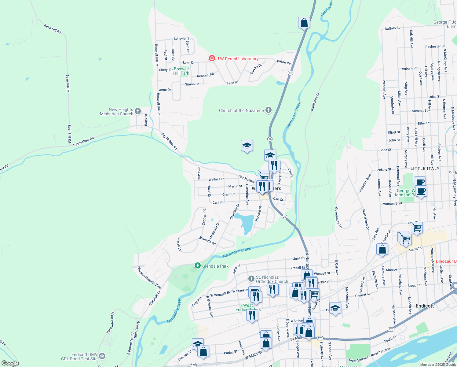 map of restaurants, bars, coffee shops, grocery stores, and more near 718 Martin Street in Endicott