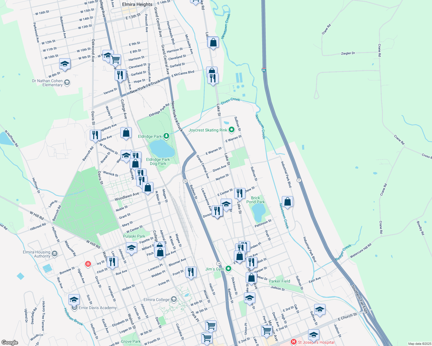 map of restaurants, bars, coffee shops, grocery stores, and more near 362 Diven Ave in Elmira