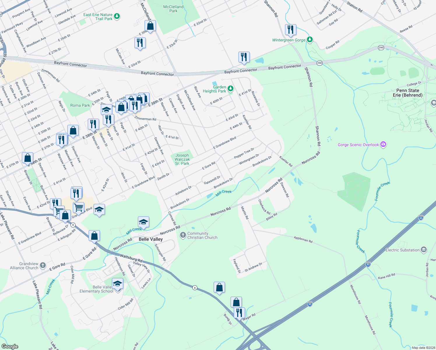 map of restaurants, bars, coffee shops, grocery stores, and more near 2246 Gatesmill Dr in Erie