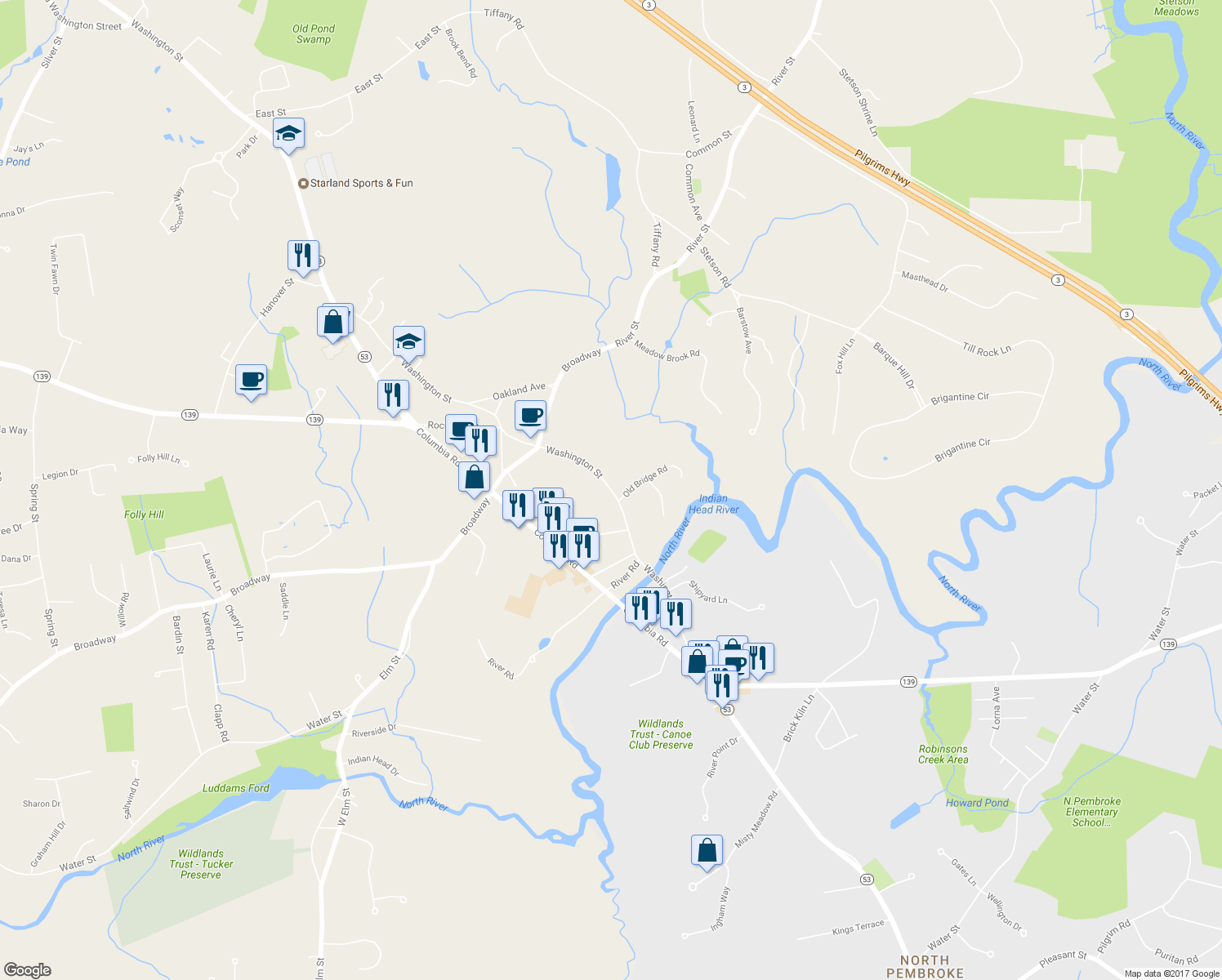 map of restaurants, bars, coffee shops, grocery stores, and more near 111 Washington Street in Hanover