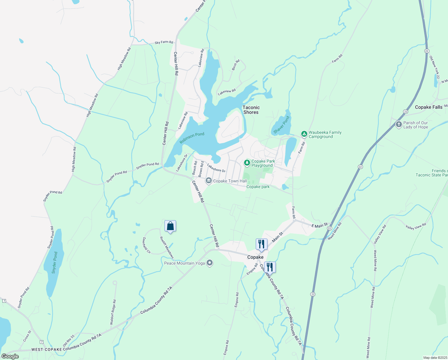 map of restaurants, bars, coffee shops, grocery stores, and more near 104 Mountain View Rd in Copake