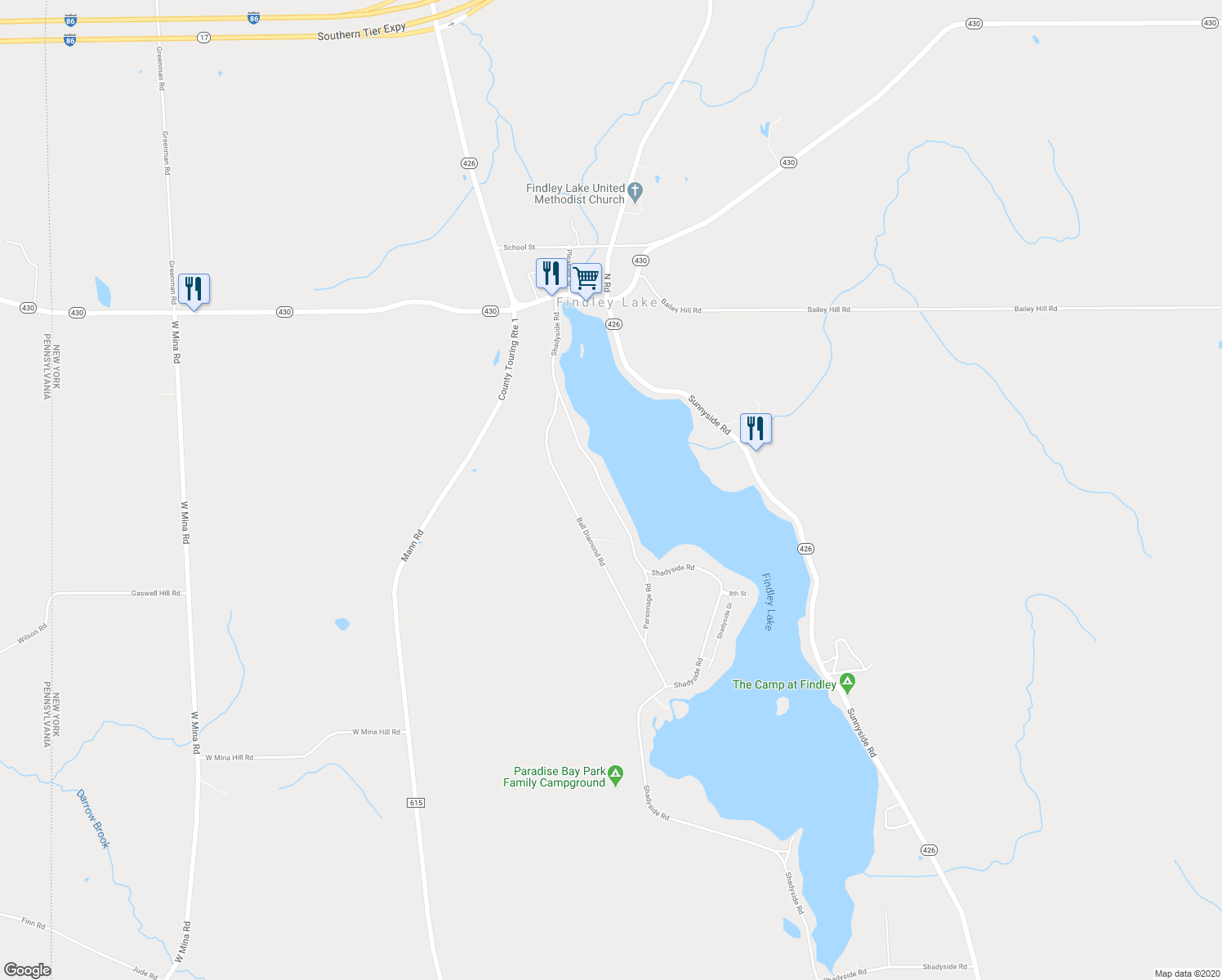 map of restaurants, bars, coffee shops, grocery stores, and more near 2638 Shadyside Road in Findley Lake