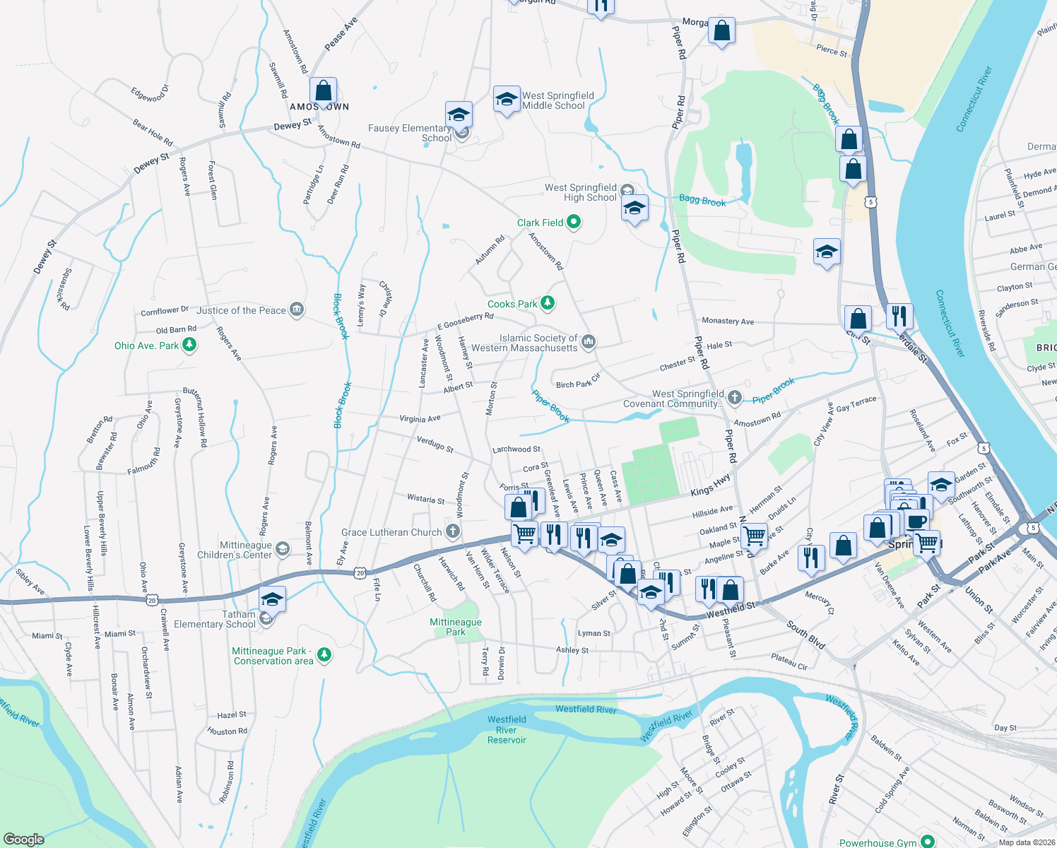 map of restaurants, bars, coffee shops, grocery stores, and more near 66 Clarence Street in West Springfield