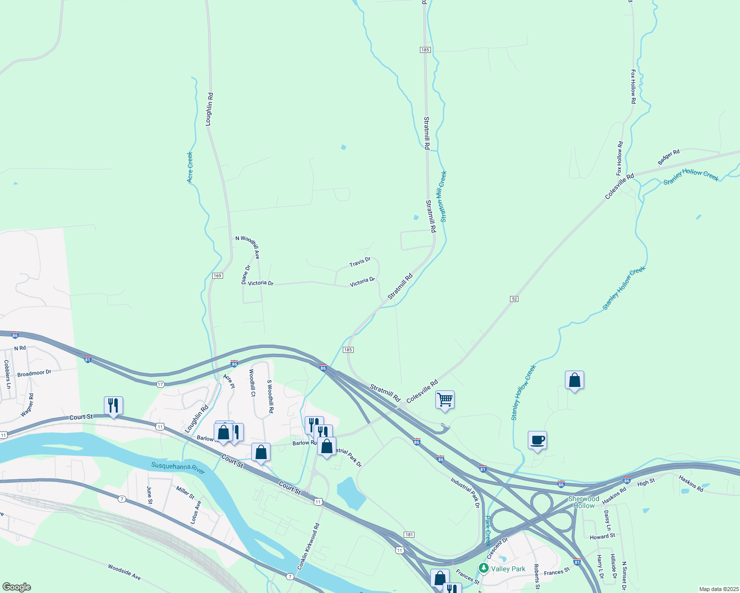 map of restaurants, bars, coffee shops, grocery stores, and more near 104 Victoria Drive in Binghamton