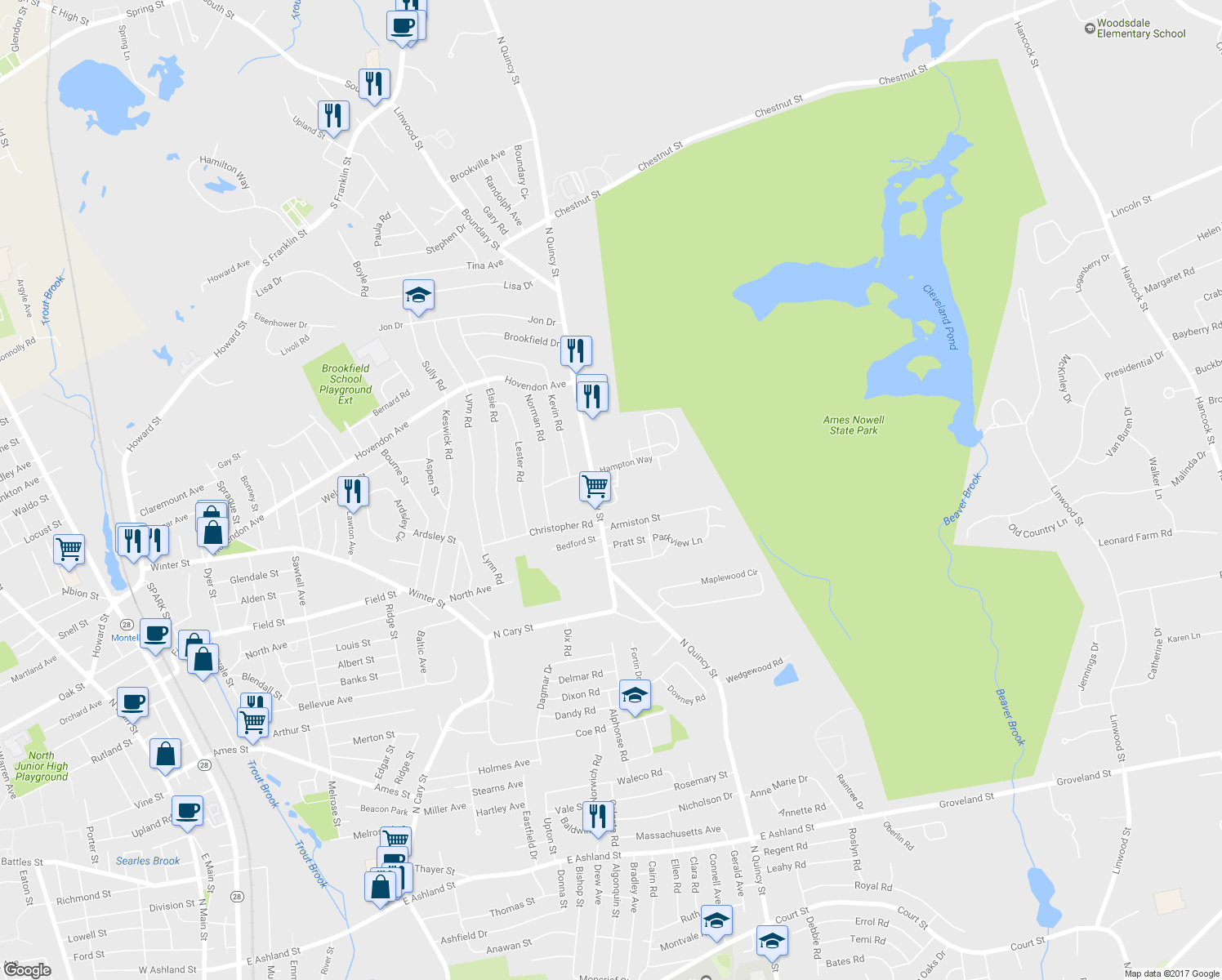 map of restaurants, bars, coffee shops, grocery stores, and more near 300 Regency Lane in Abington