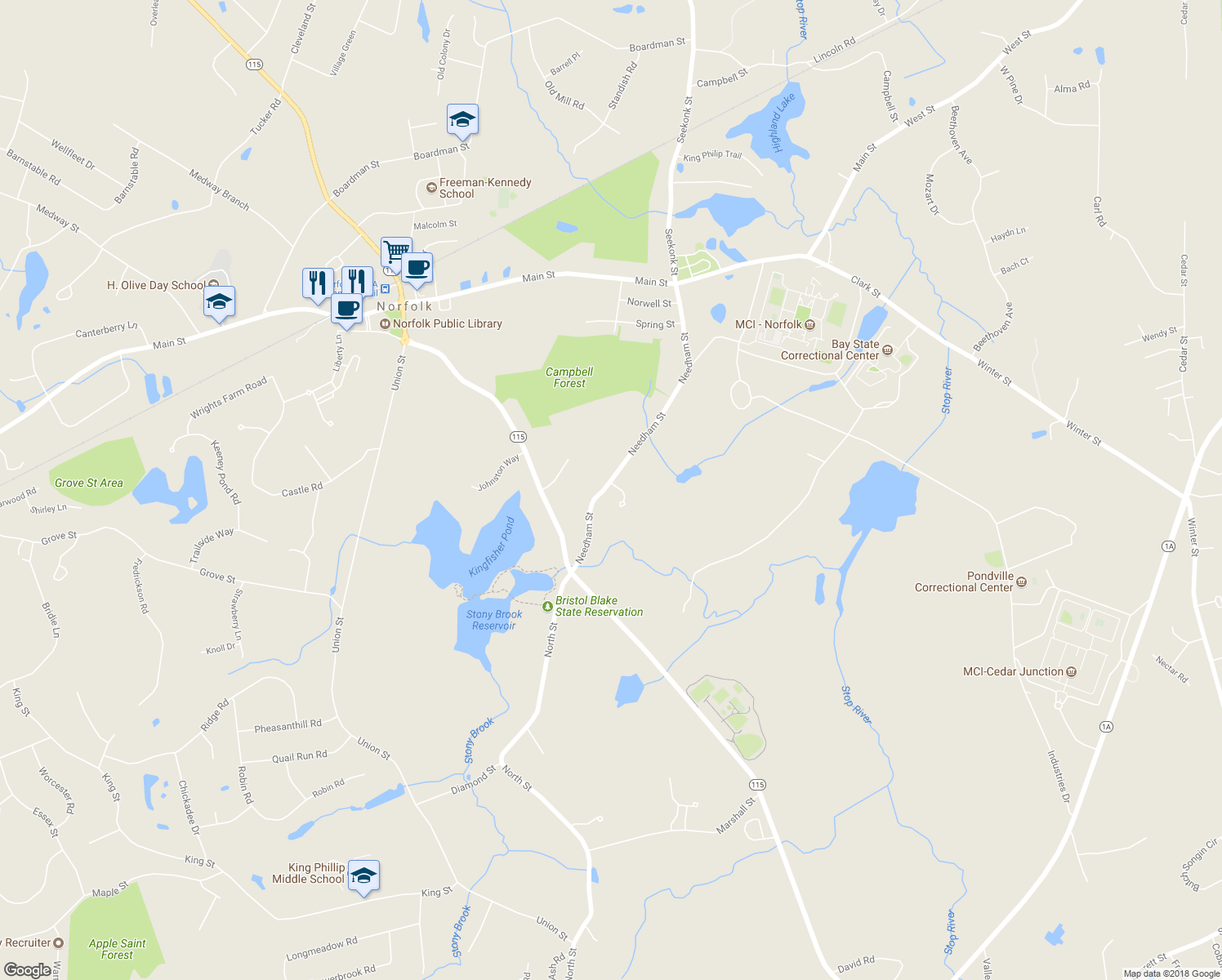 map of restaurants, bars, coffee shops, grocery stores, and more near 45 Needham Street in Norfolk