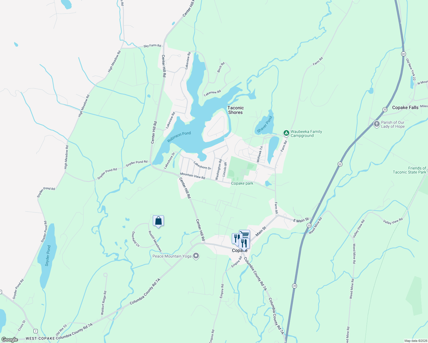 map of restaurants, bars, coffee shops, grocery stores, and more near 14 Taft Rd in Copake