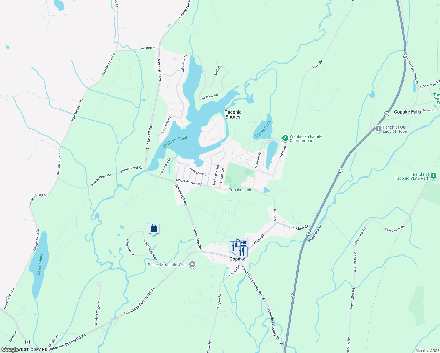 map of restaurants, bars, coffee shops, grocery stores, and more near 117 Lincoln Rd in Copake
