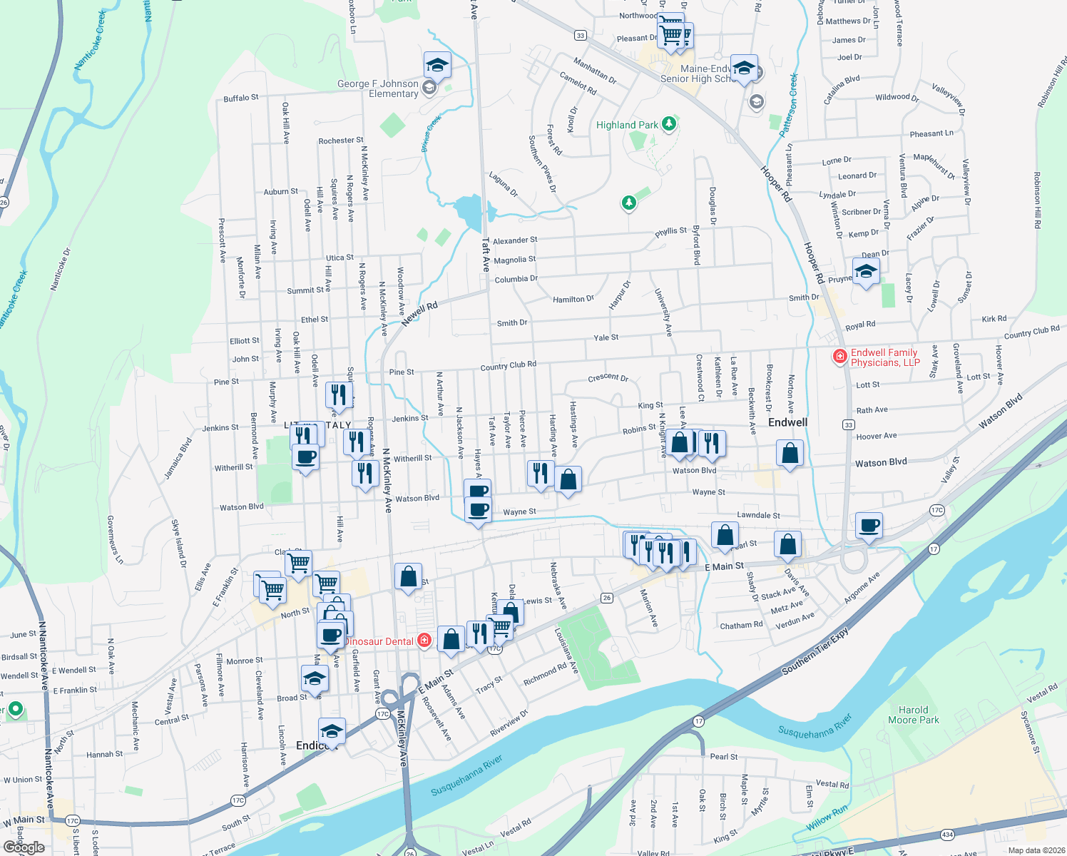 map of restaurants, bars, coffee shops, grocery stores, and more near 219 Wilson Ave in Endicott