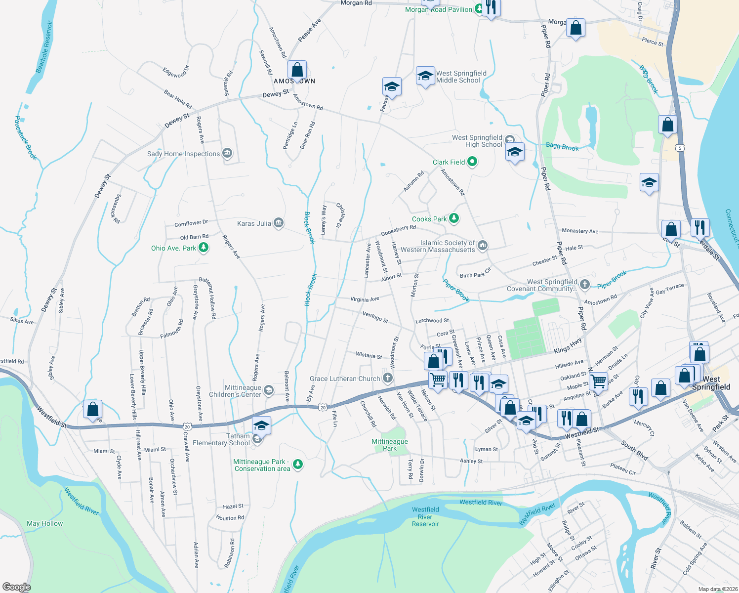 map of restaurants, bars, coffee shops, grocery stores, and more near 56 Virginia Avenue in West Springfield