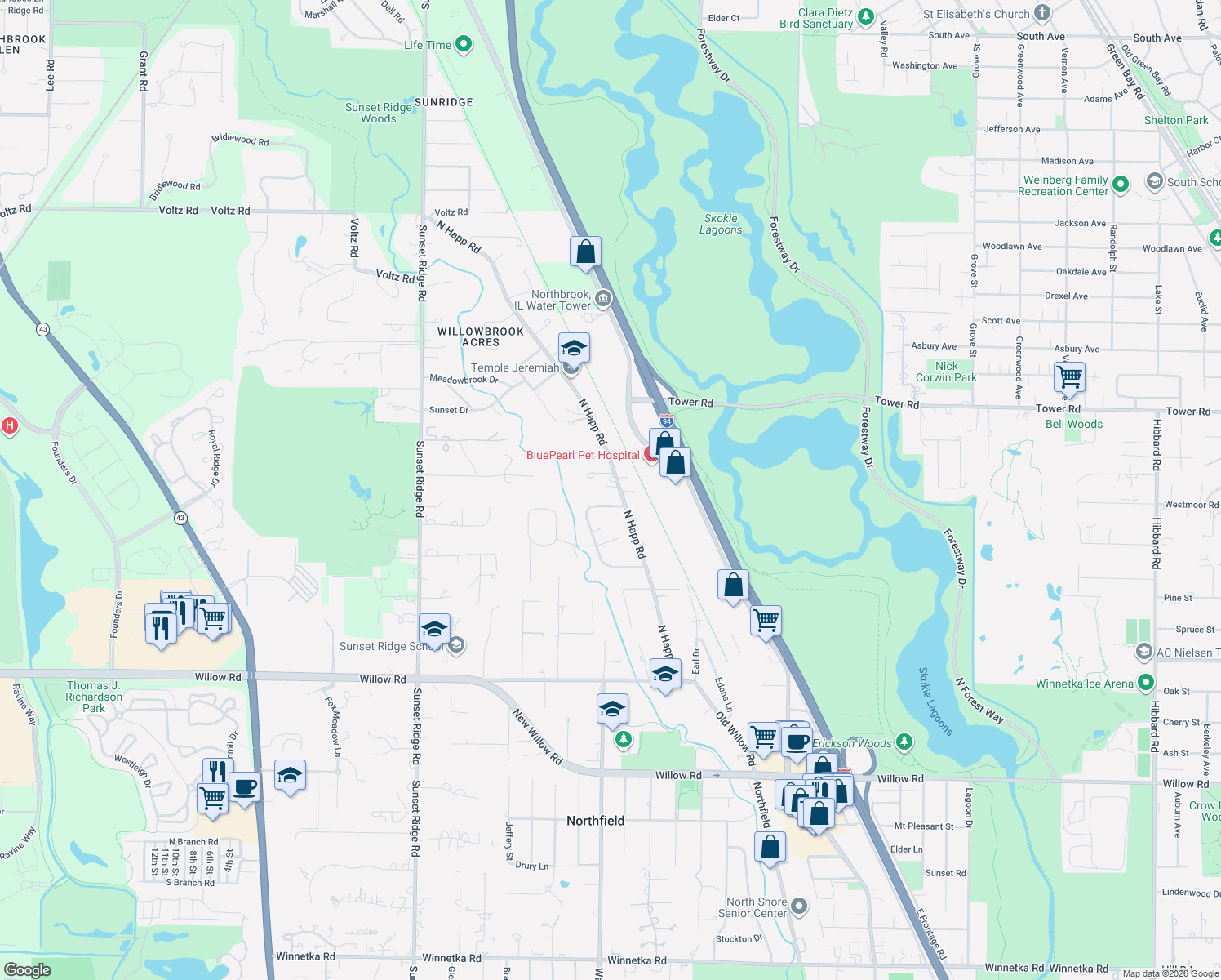 map of restaurants, bars, coffee shops, grocery stores, and more near 772 North Happ Road in Northfield