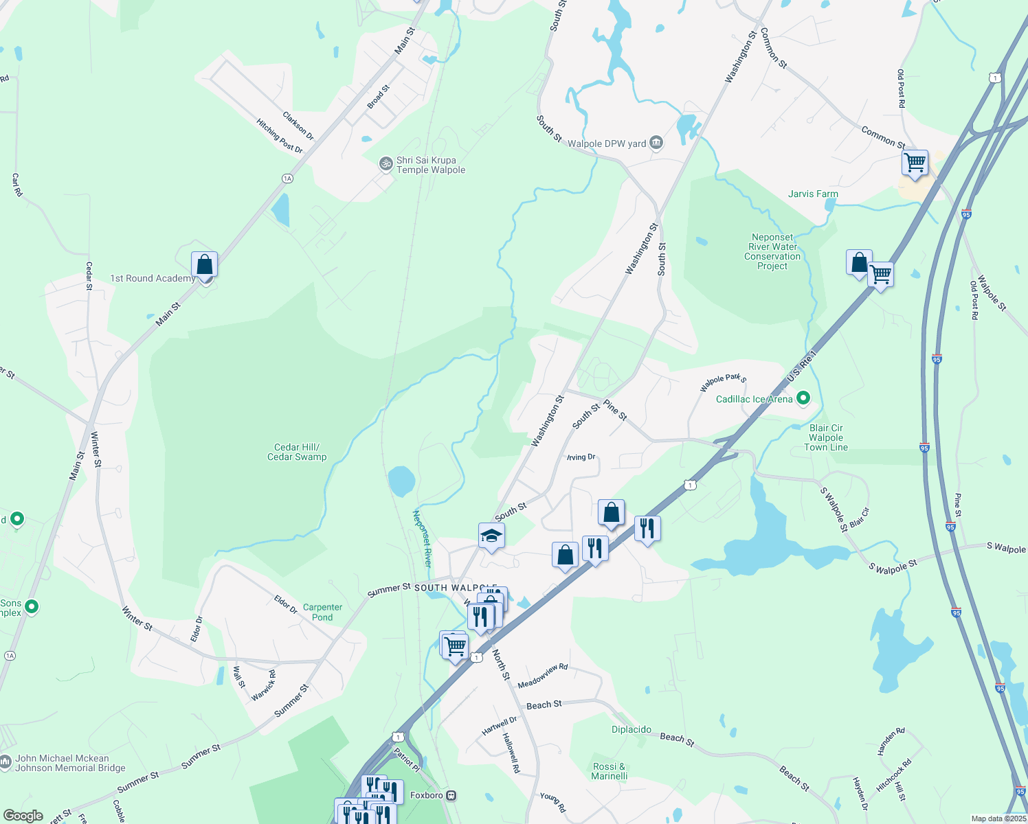 map of restaurants, bars, coffee shops, grocery stores, and more near 25 Georgia Drive in Walpole