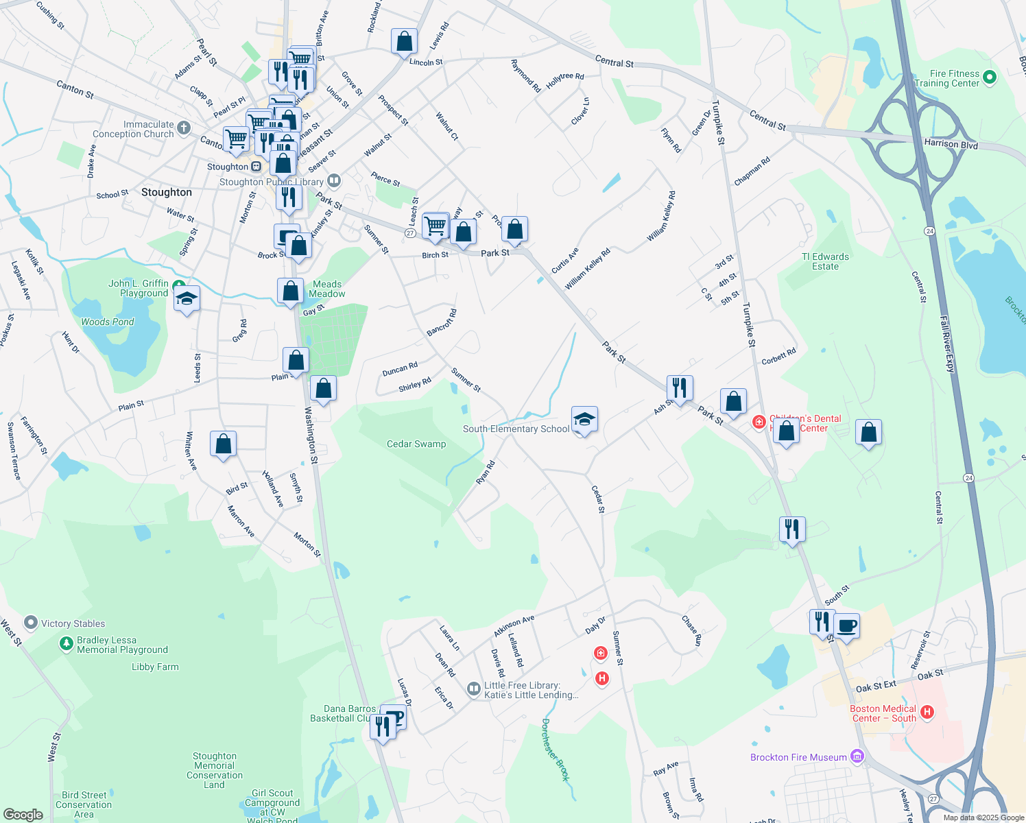 map of restaurants, bars, coffee shops, grocery stores, and more near 434 Sumner Street in Stoughton